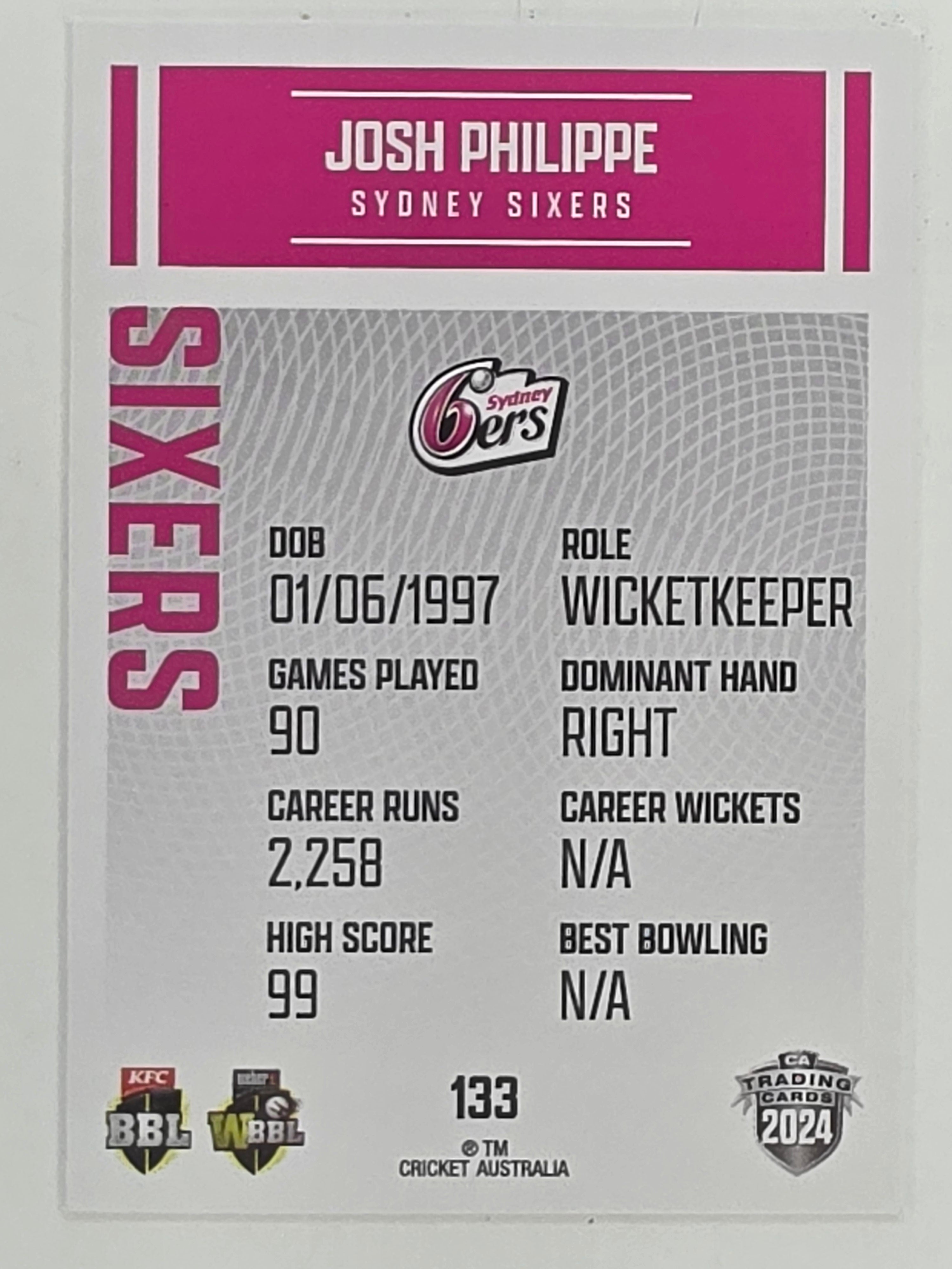 2024–25 Cricket Traders Base Card #133 Josh Philippe Sydney Sixers