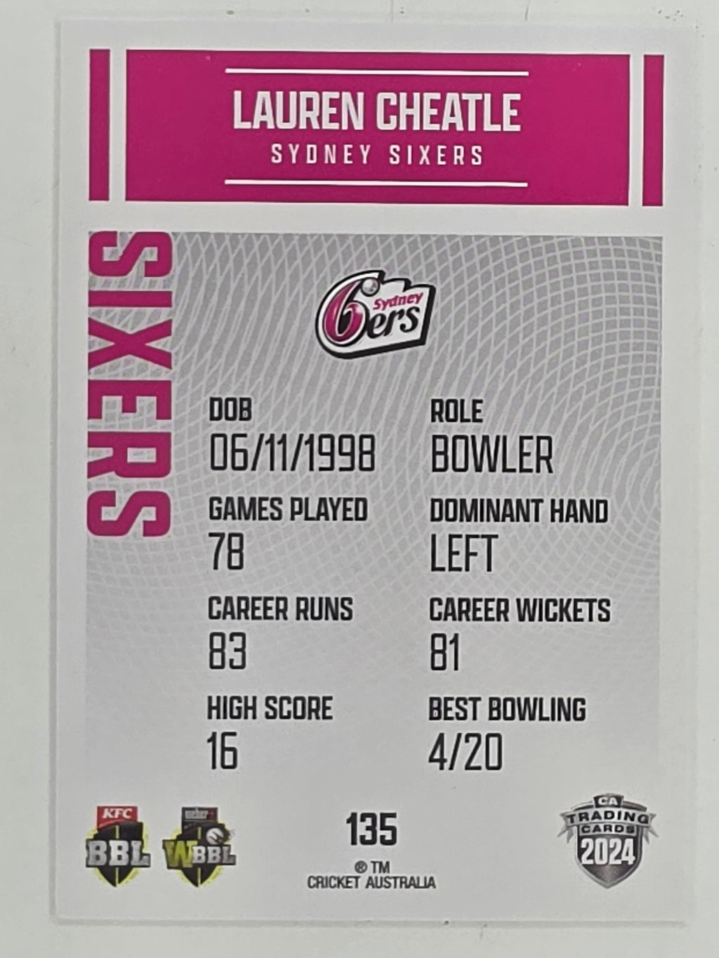 2024–25 Cricket Traders Base Card #135 Lauren Cheatle Sydney Sixers WBBL