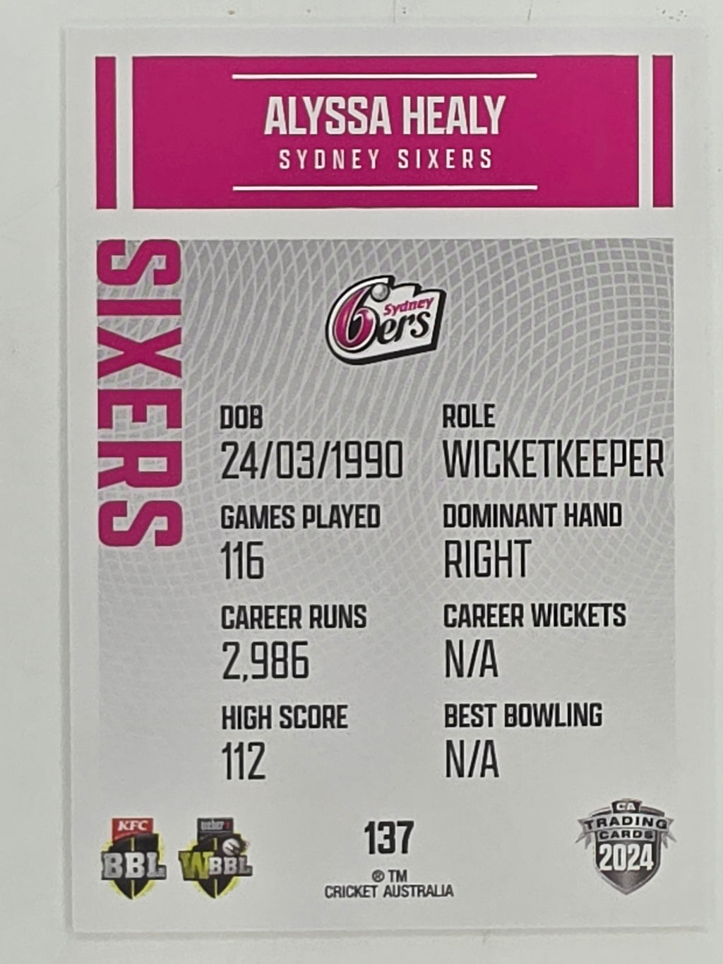 2024–25 Cricket Traders Base Card #137 Alyssa Healy Sydney Sixers WBBL