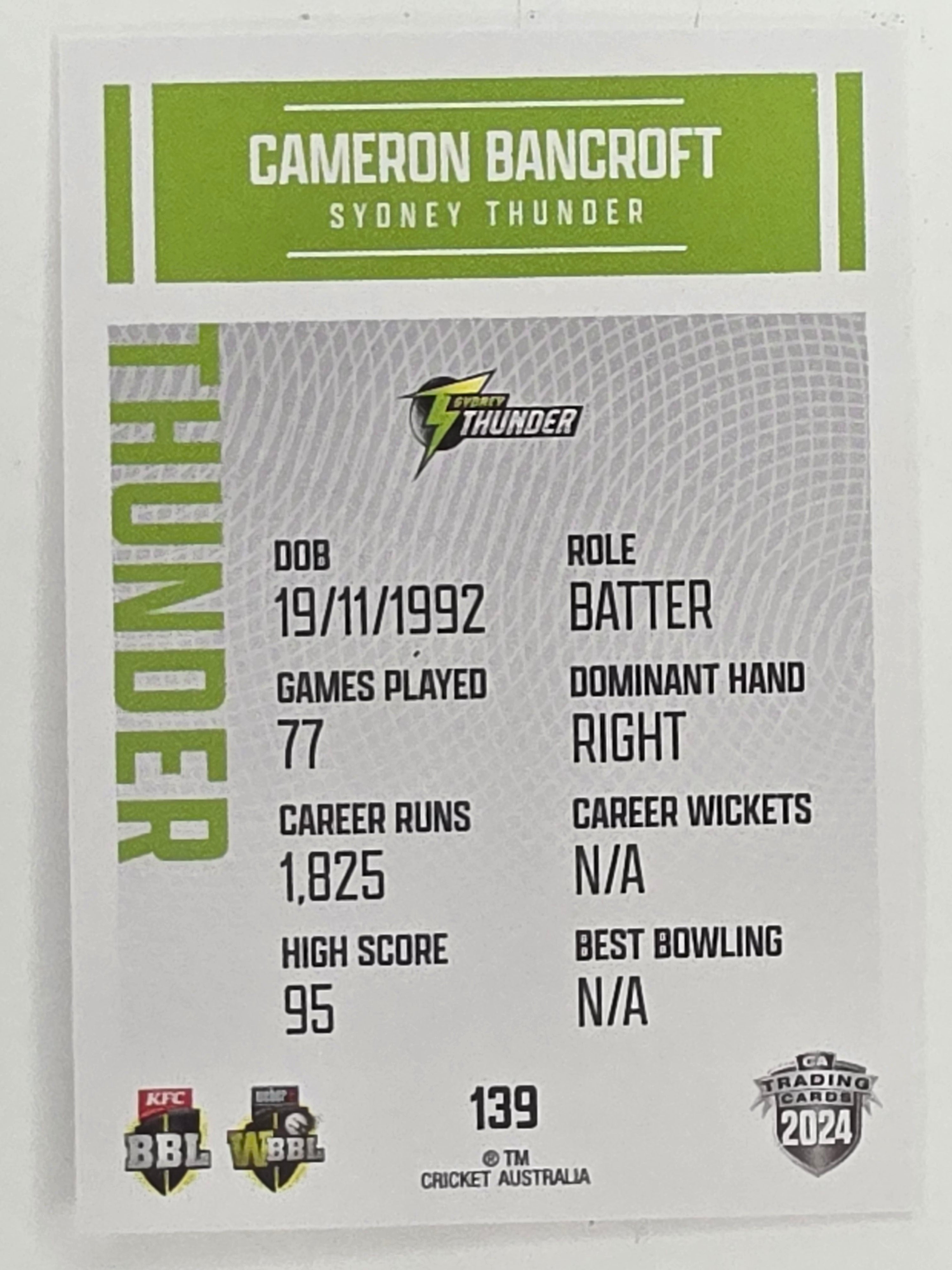 2024–25 Cricket Traders Base Card #139 Cameron Bancroft Sydney Thunder