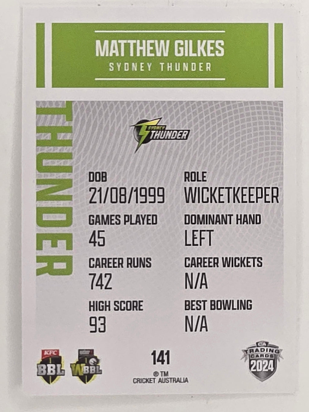 2024–25 Cricket Traders Base Card #141 Matthew Gilkes Sydney Thunder
