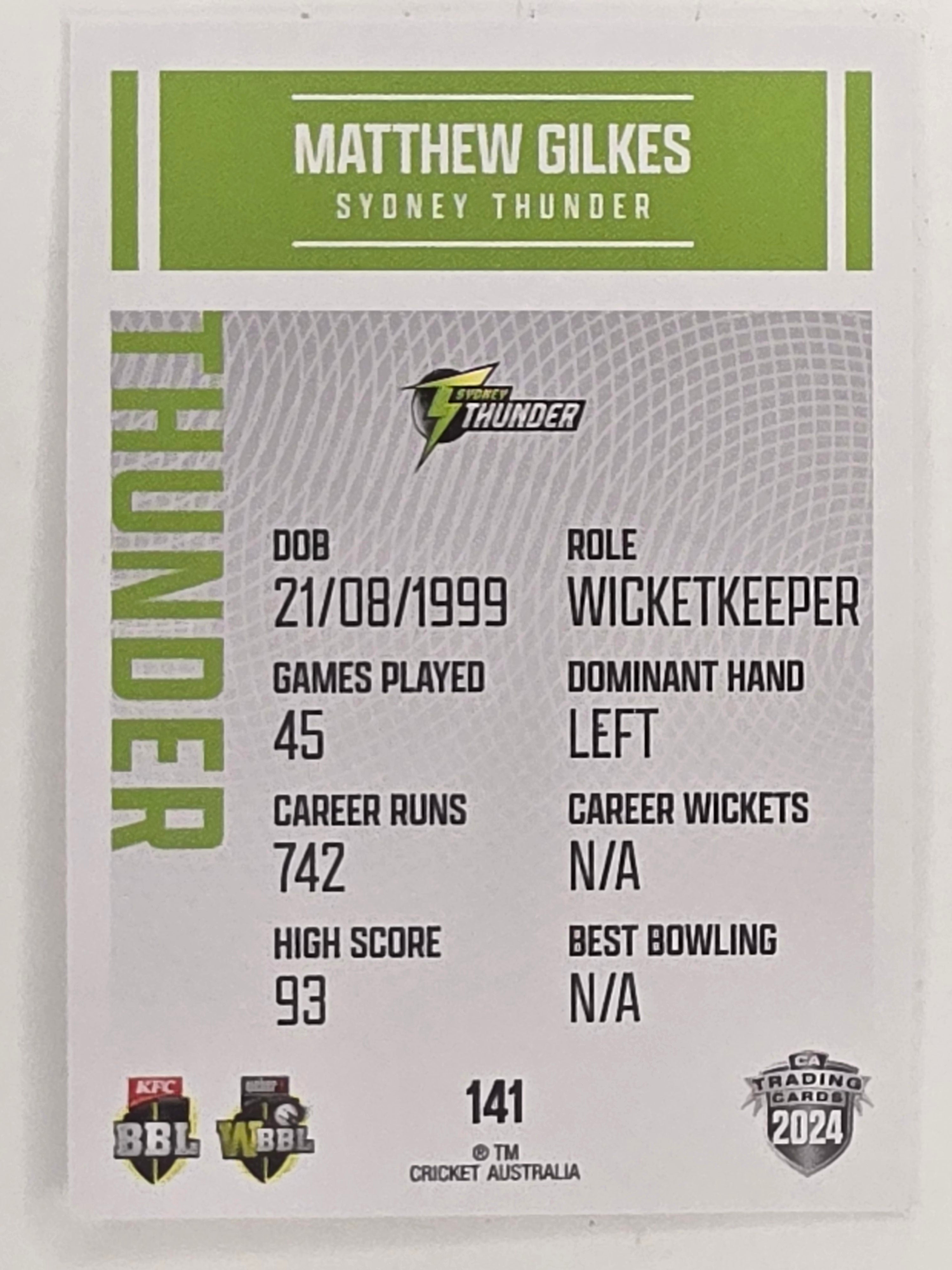 2024–25 Cricket Traders Base Card #141 Matthew Gilkes Sydney Thunder
