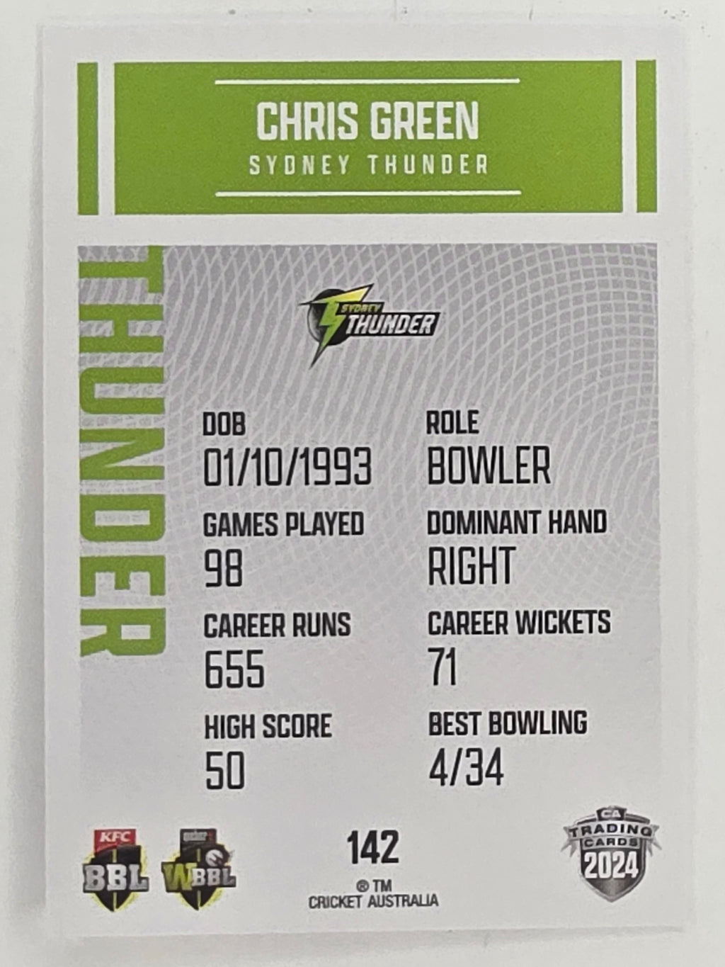 2024–25 Cricket Traders Base Card #142 Chris Green Sydney Thunder