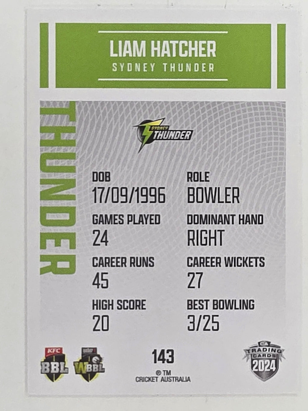 2024–25 Cricket Traders Base Card #143 Liam Hatcher Sydney Thunder