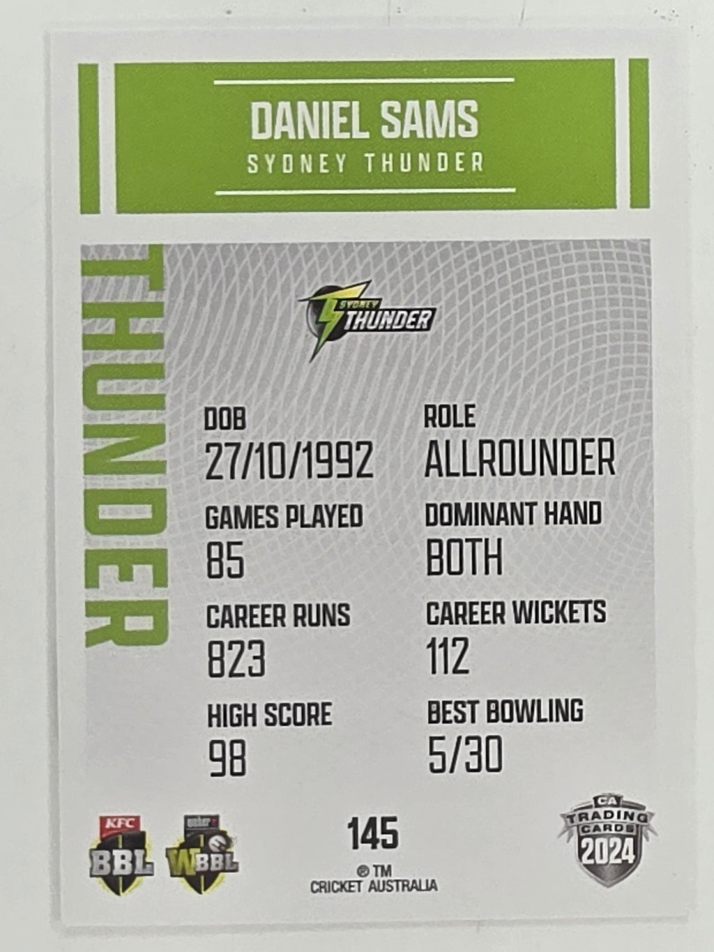 2024–25 Cricket Traders Base Card #145 Daniel Sams Sydney Thunder