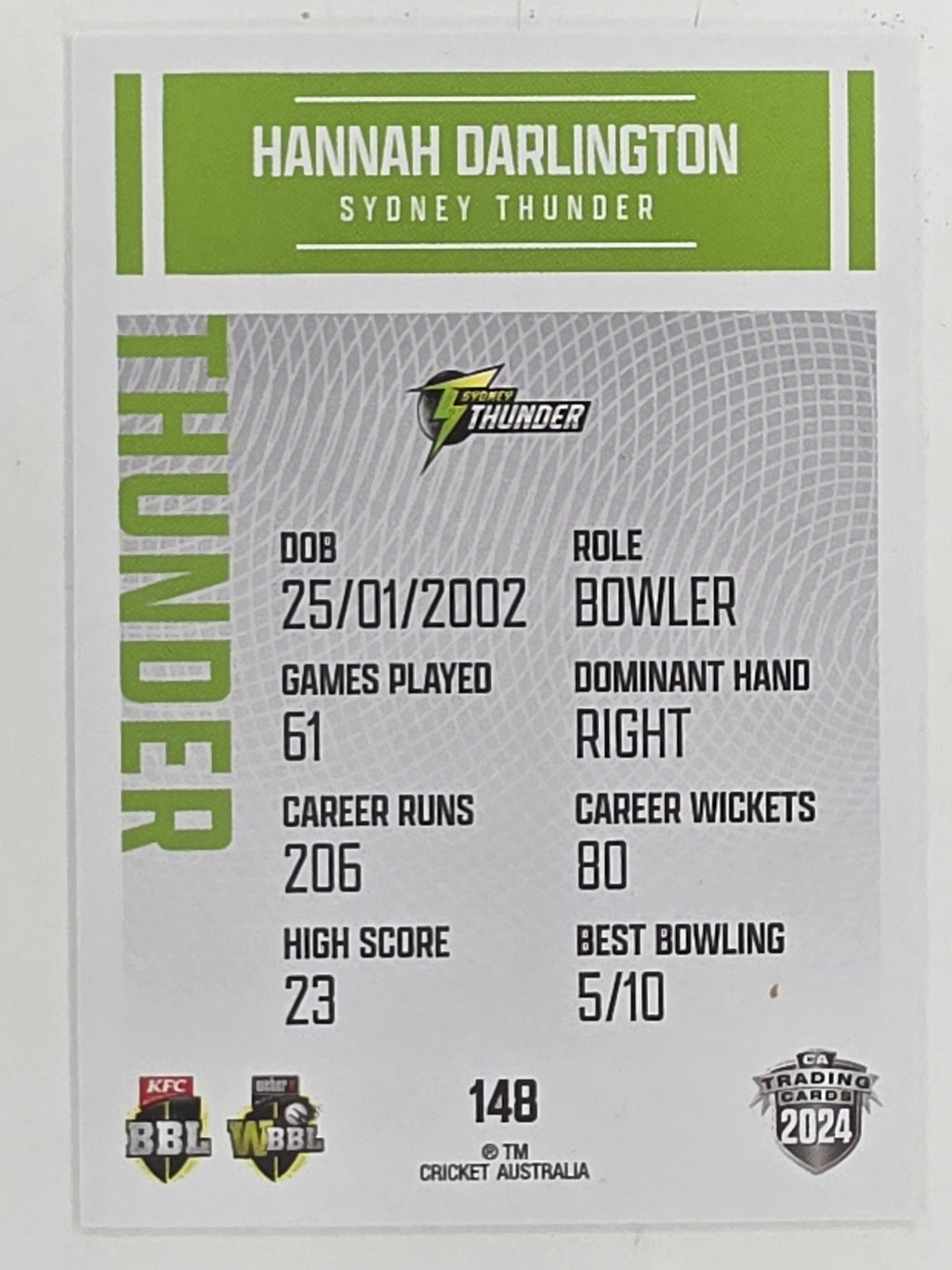2024–25 Cricket Traders Base Card #148 Hannah Darlington Sydney Thunder WBBL