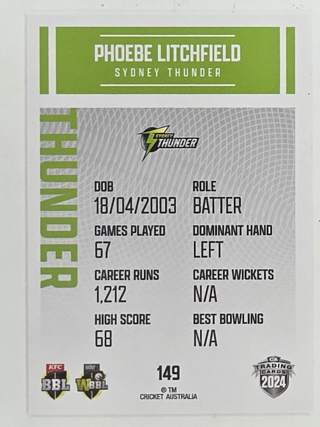 2024–25 Cricket Traders Base Card #149 Phoebe Litchfield Sydney Thunder WBBL