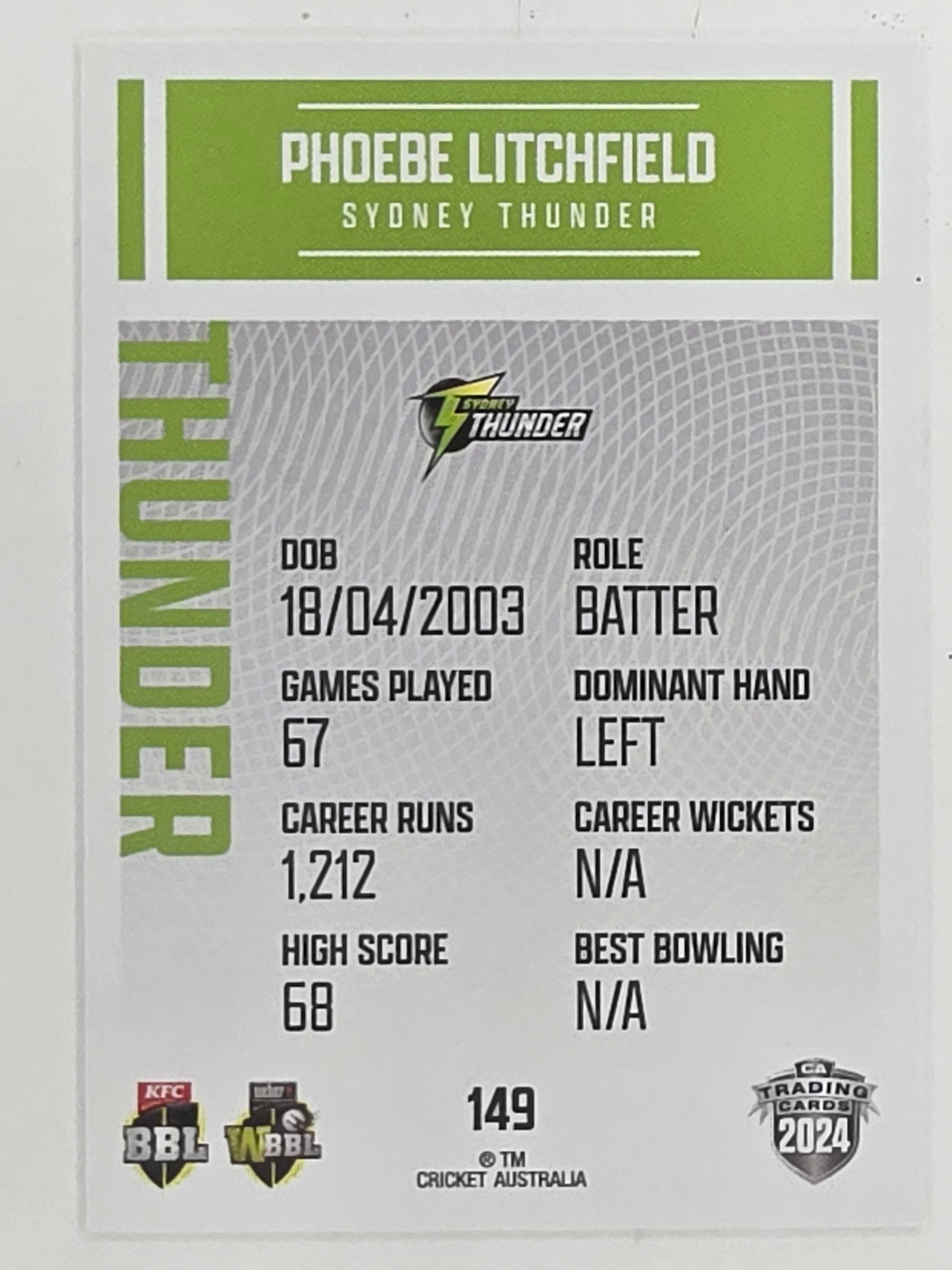 2024–25 Cricket Traders Base Card #149 Phoebe Litchfield Sydney Thunder WBBL