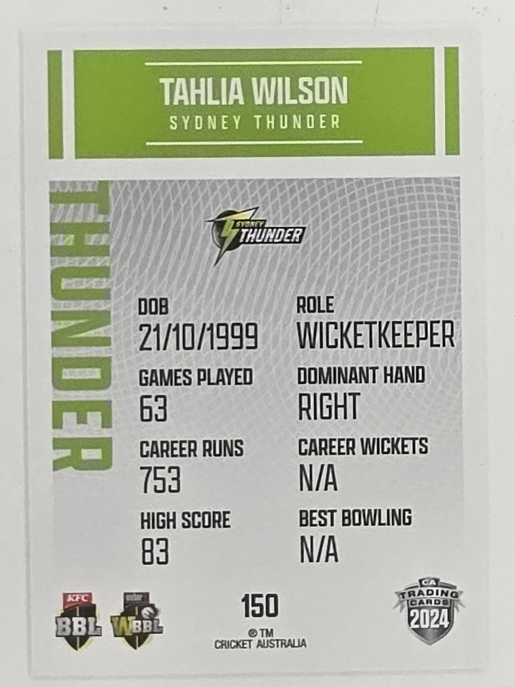 2024–25 Cricket Traders Base Card #150 Tahlia Wilson Sydney Thunder WBBL