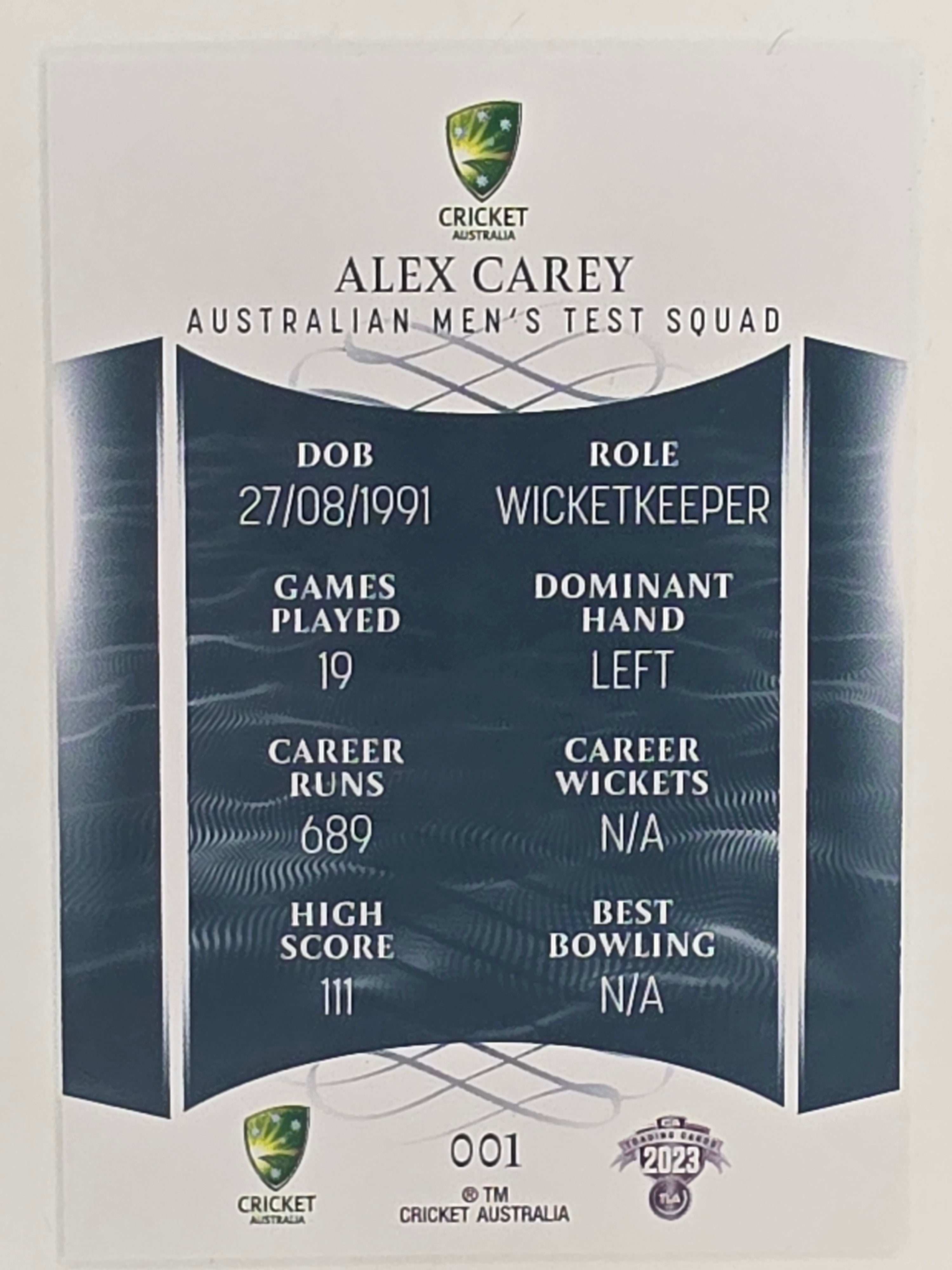 2023/24 Cricket Traders Base Card #001 Alex Carey Australian Men’s Test