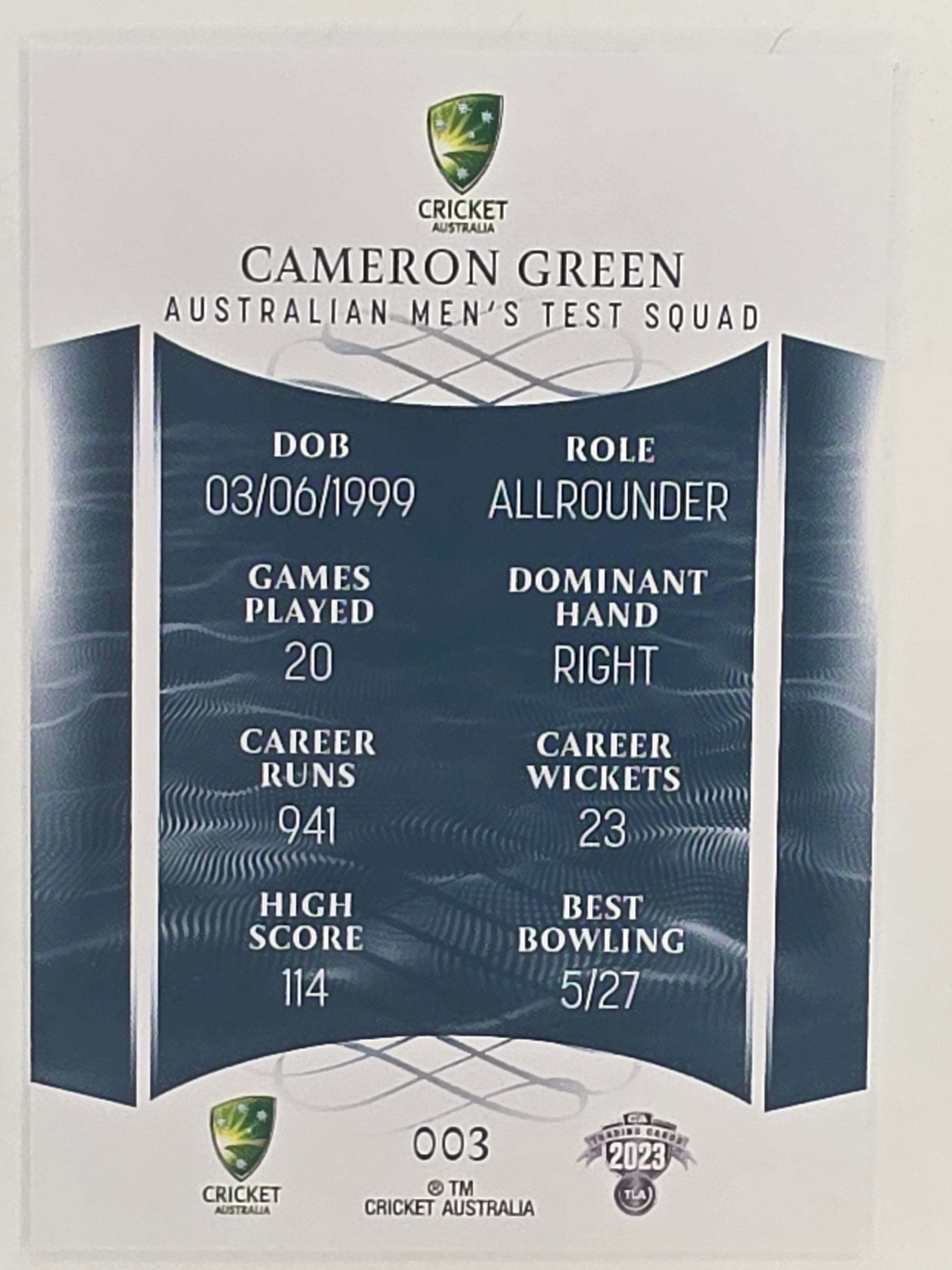 2023/24 Cricket Traders Base Card #003 Cameron Green Australian Men’s Test