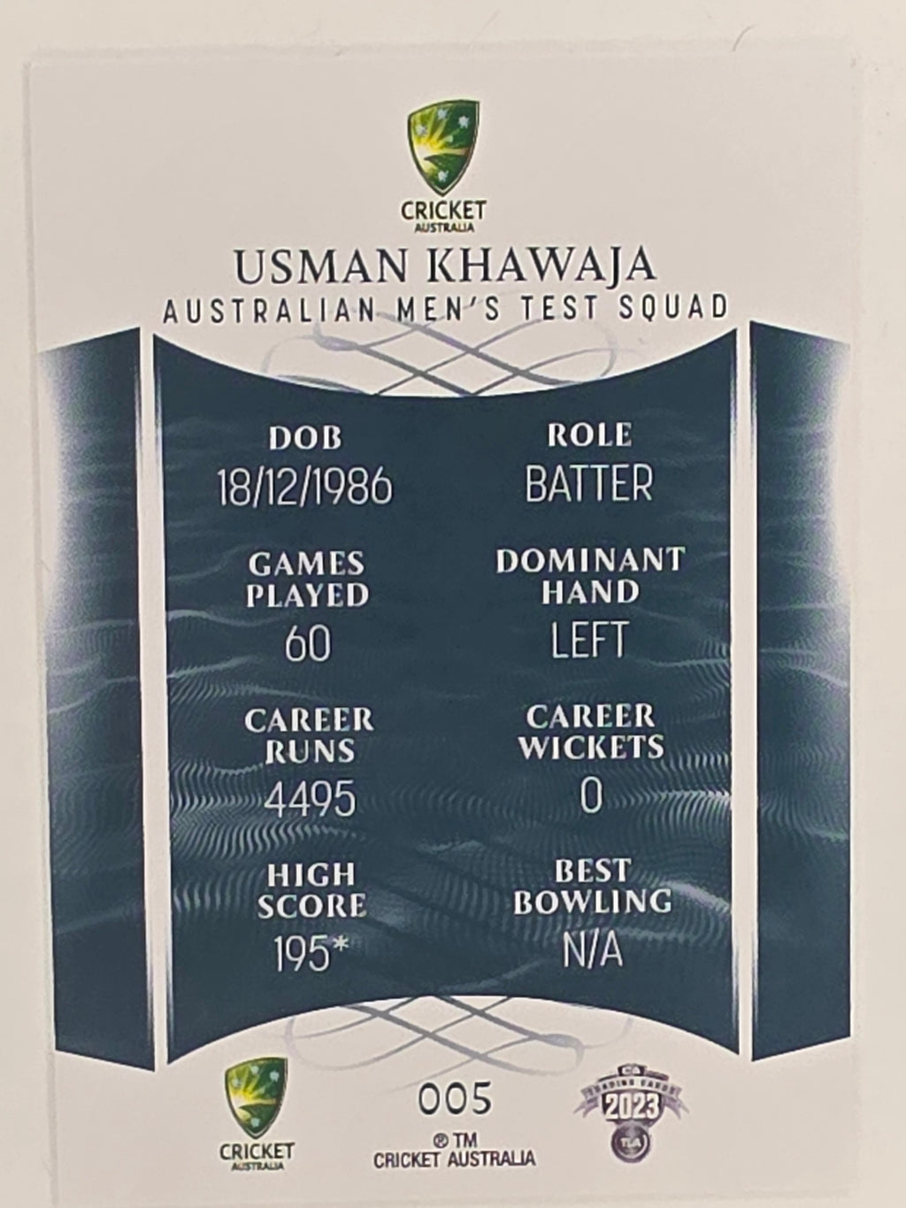 2023/24 Cricket Traders Base Card #005 Usman Khawaja Australian Men’s Test