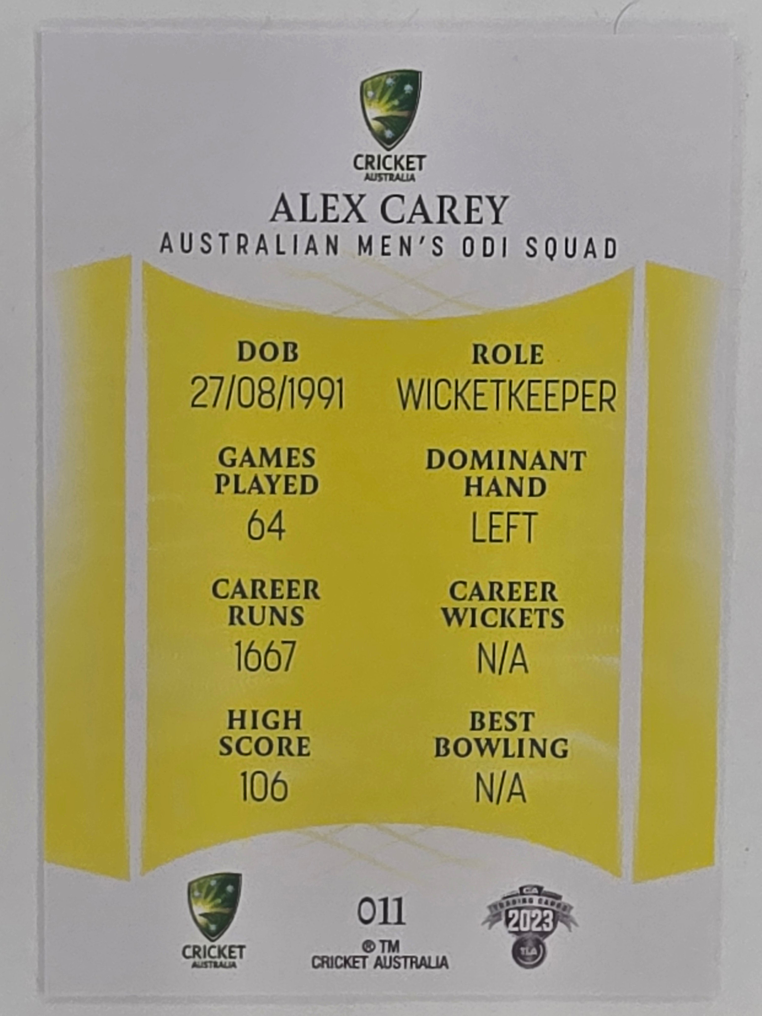 2023/24 Cricket Traders Base Card #011 Alex Carey Australian Men’s ODI