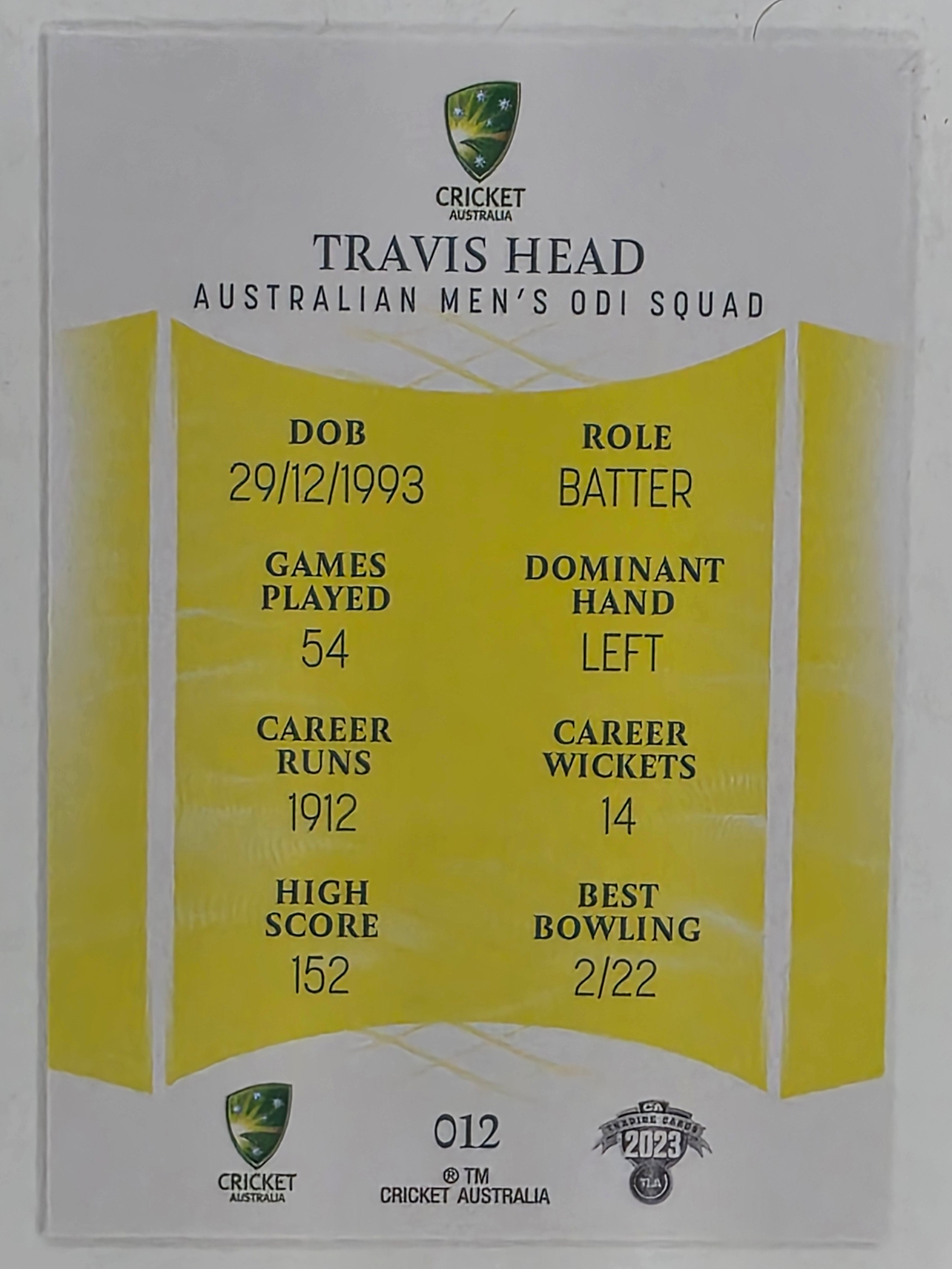 2023/24 Cricket Traders Base Card #012 Travis Head Australian Men’s ODI
