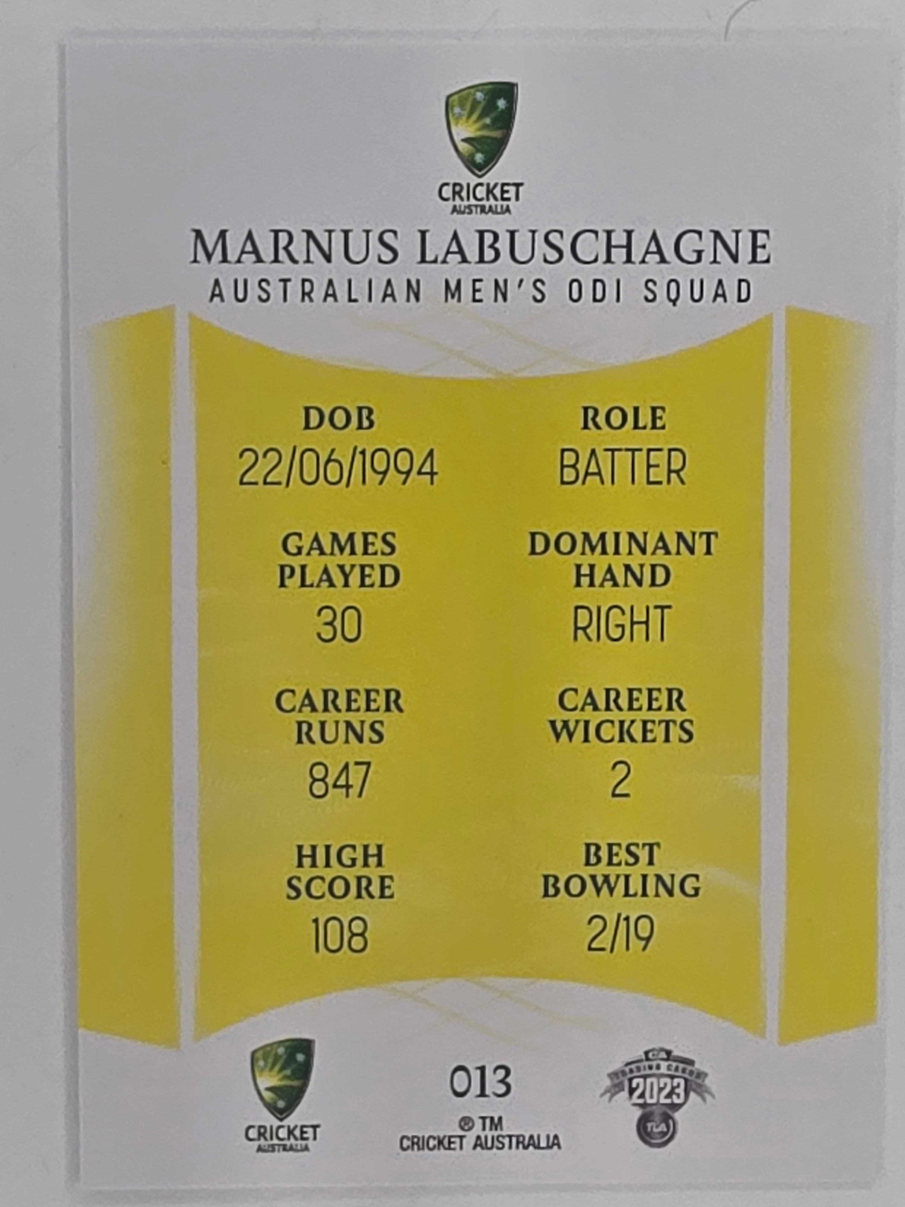 2023/24 Cricket Traders Base Card #013 Marnus Labuschagne Australian Men’s ODI