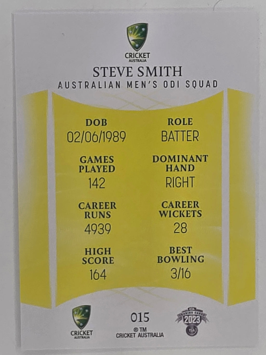 2023/24 Cricket Traders Base Card #015 Steve Smith Australian Men’s ODI