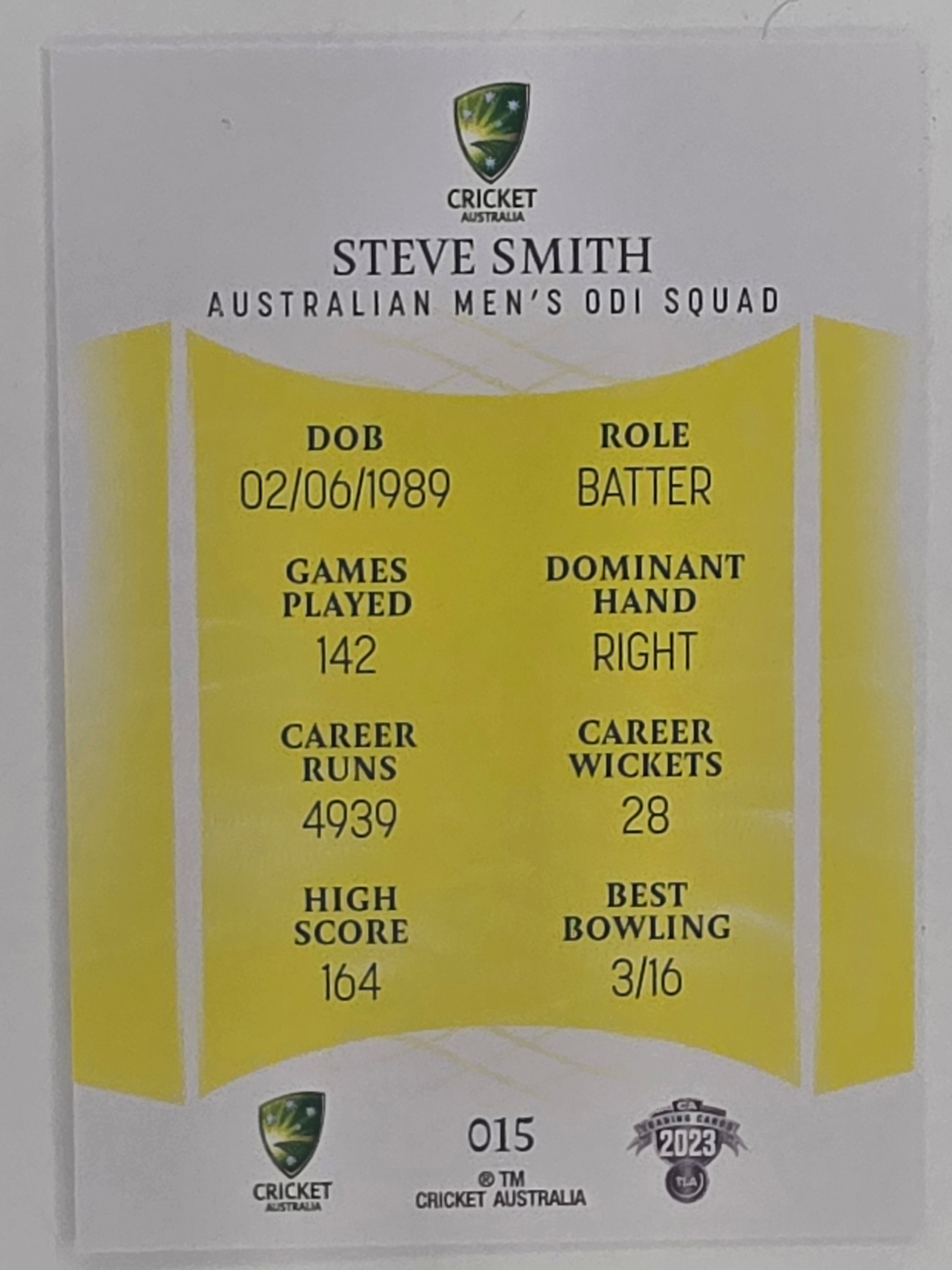 2023/24 Cricket Traders Base Card #015 Steve Smith Australian Men’s ODI