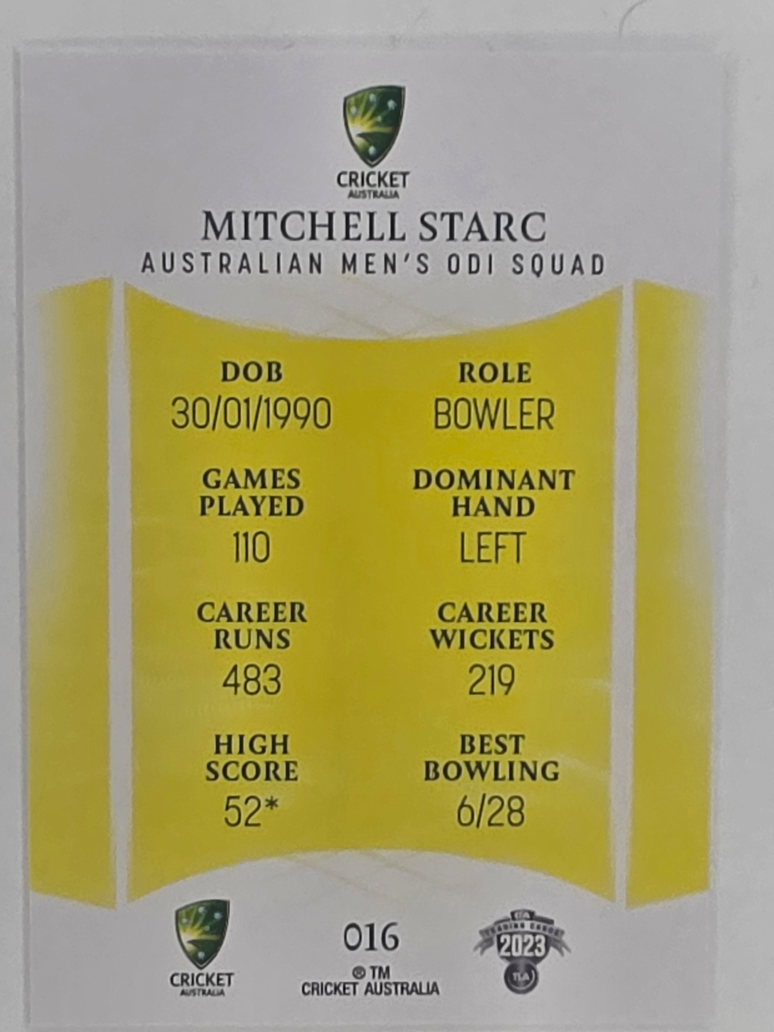 2023/24 Cricket Traders Base Card #016 Mitchell Starc Australian Men’s ODI