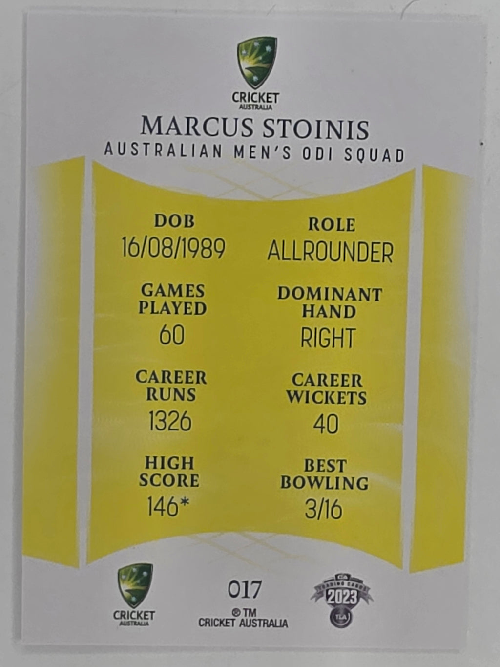 2023/24 Cricket Traders Base Card #017 Marcus Stoinis Australian Men’s ODI