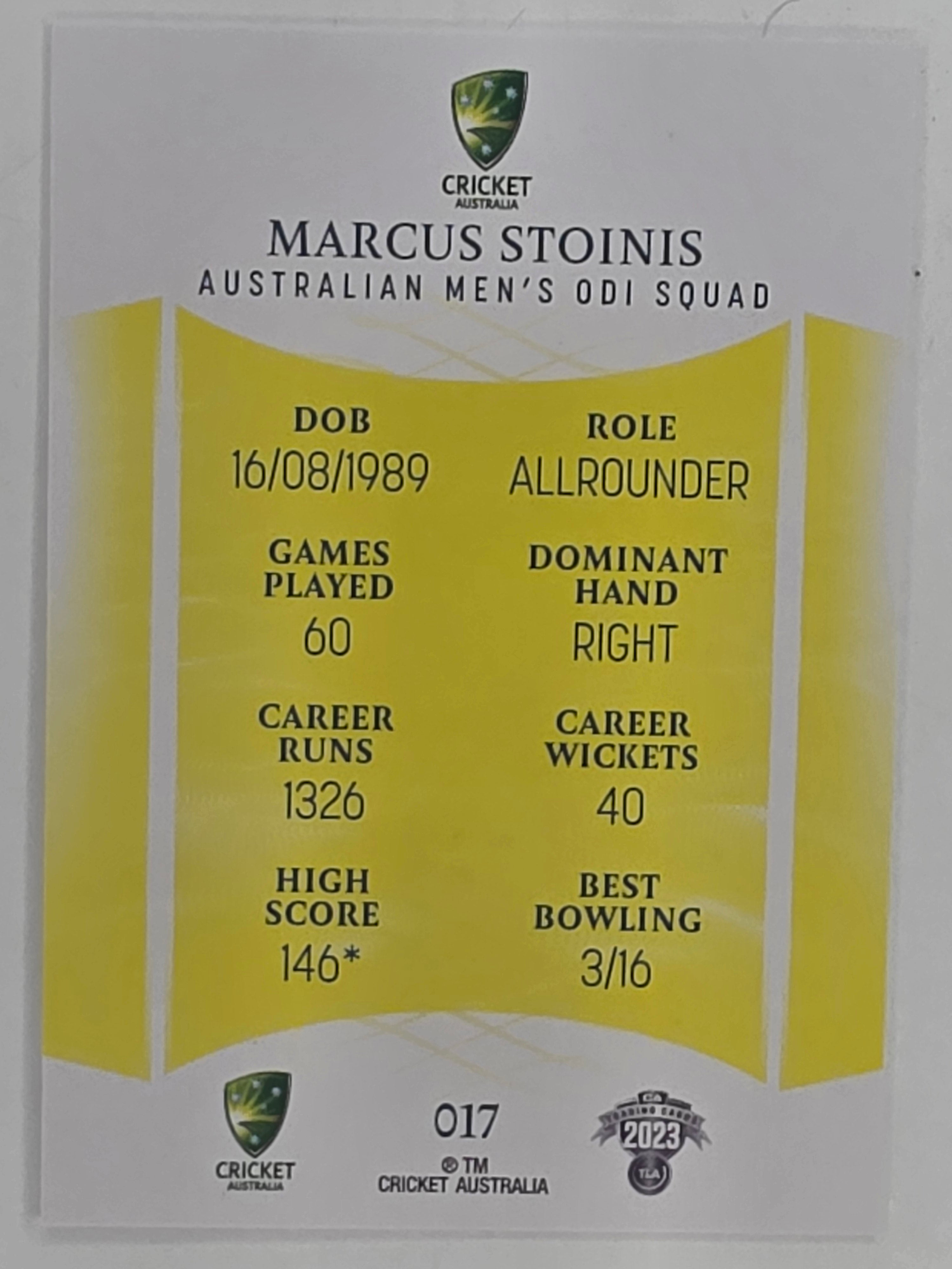 2023/24 Cricket Traders Base Card #017 Marcus Stoinis Australian Men’s ODI