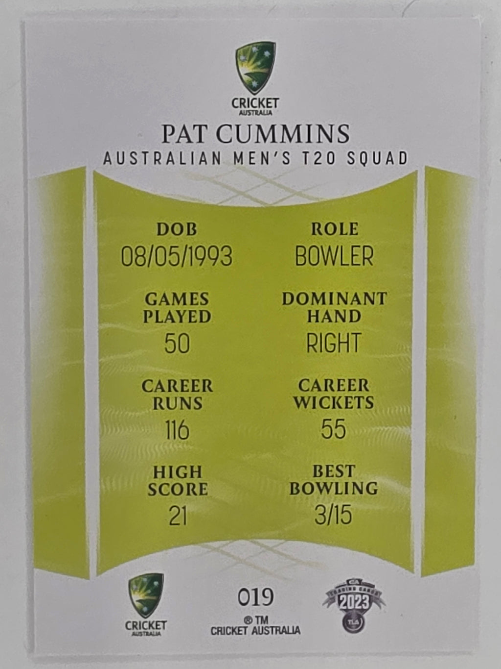 2023/24 Cricket Traders Base Card #019 Pat Cummins Australian Men’s T20
