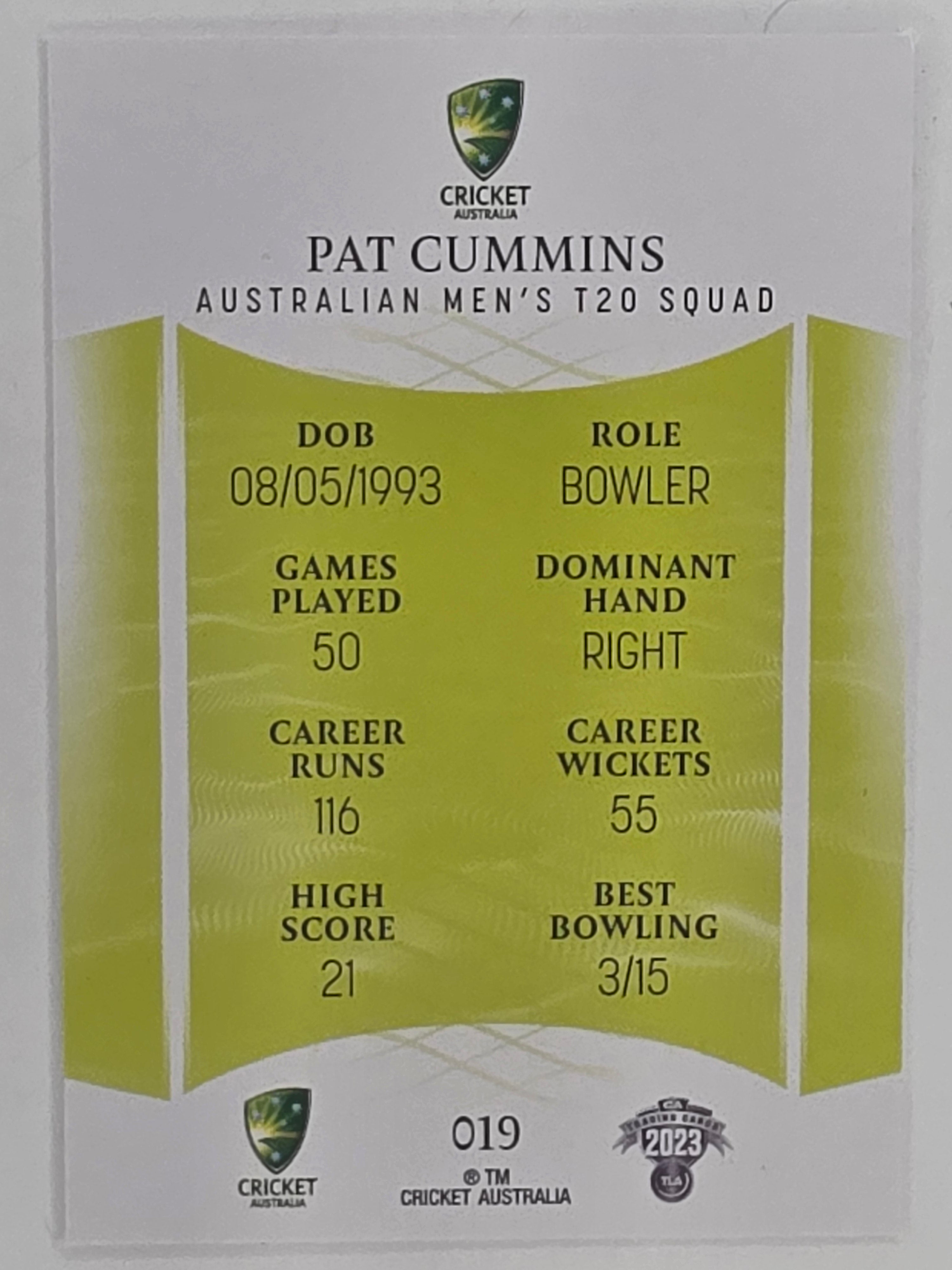 2023/24 Cricket Traders Base Card #019 Pat Cummins Australian Men’s T20