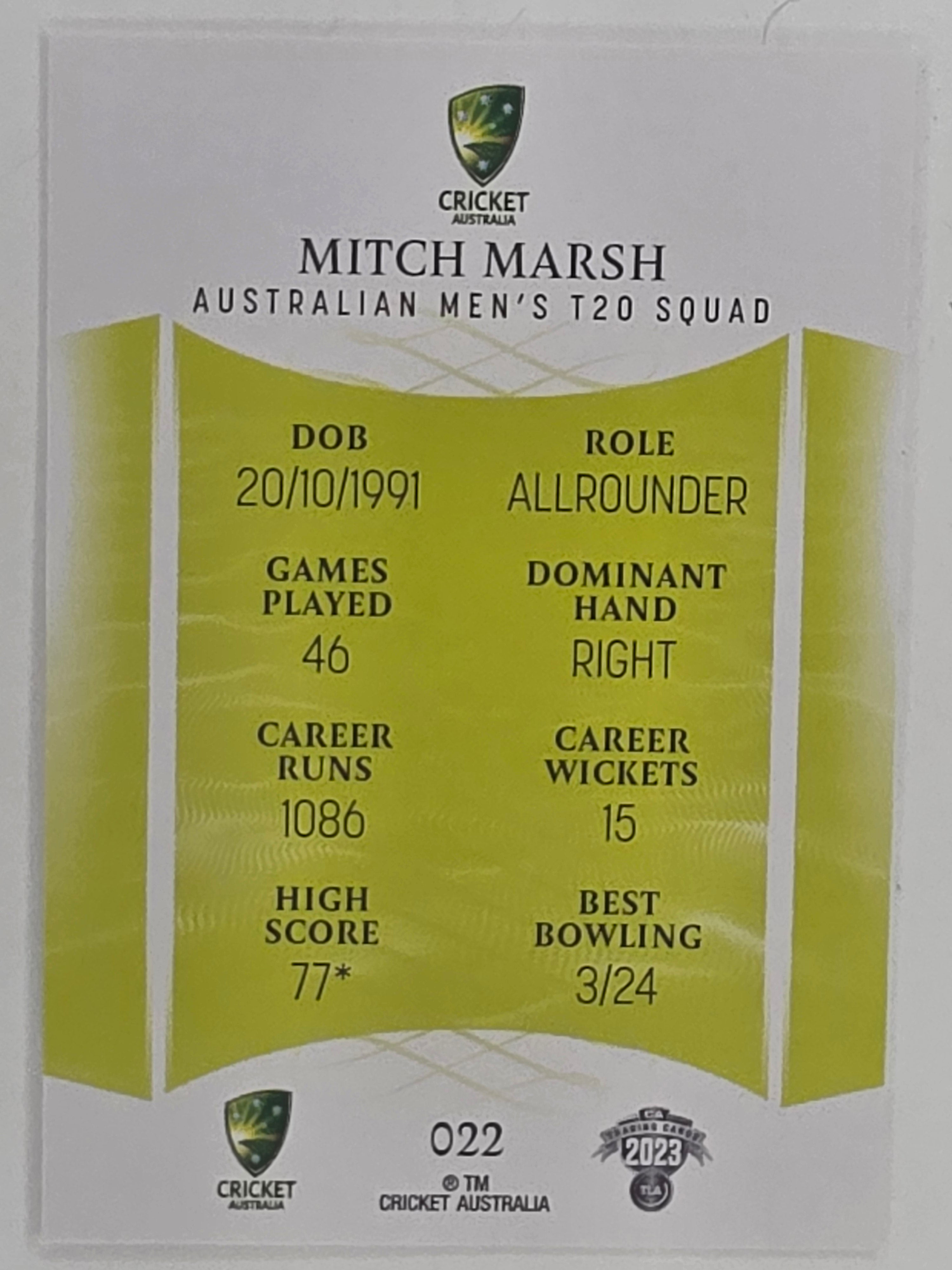 2023/24 Cricket Traders Base Card #022 Mitch Marsh Australian Men’s T20