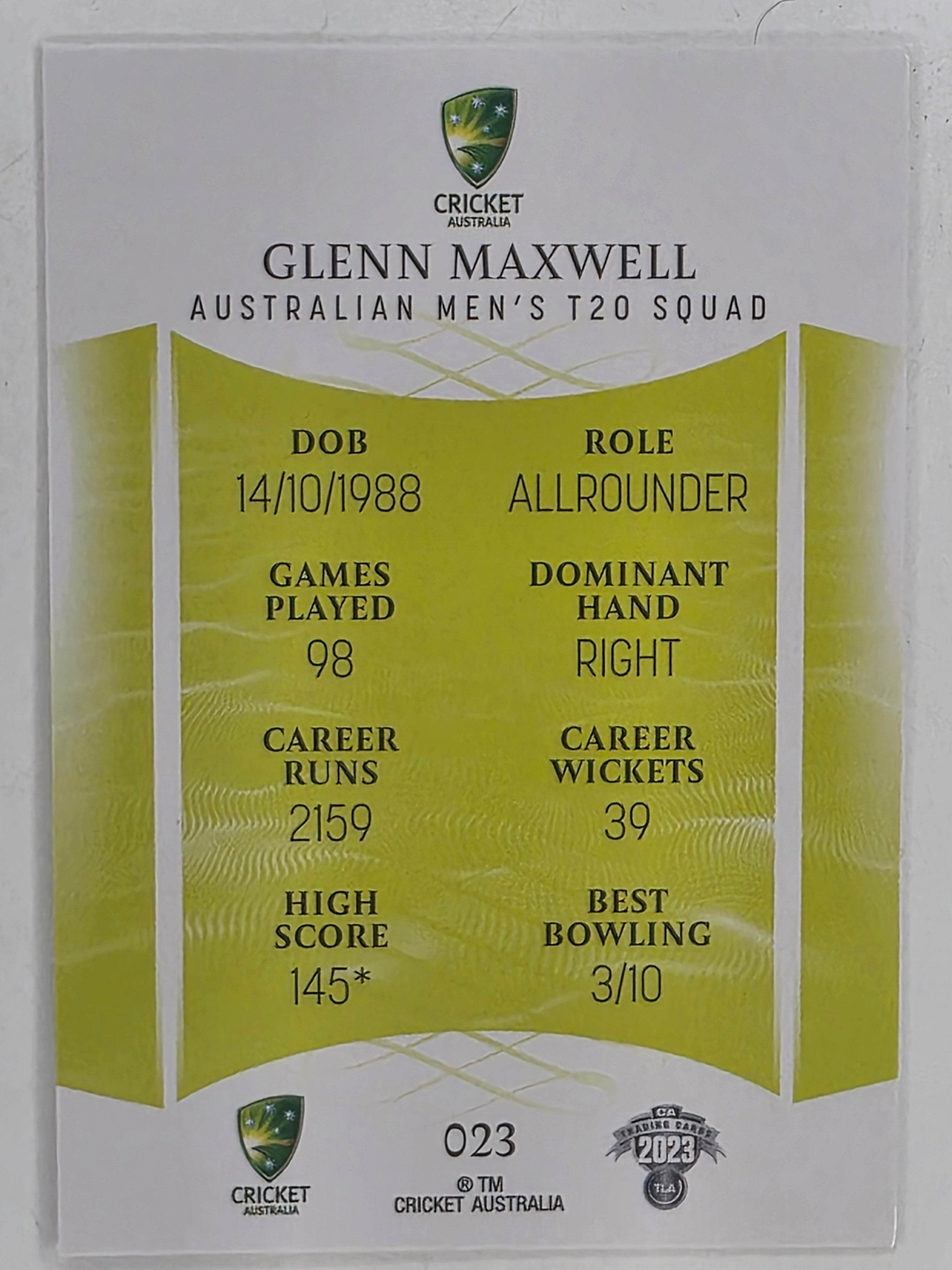 2023/24 Cricket Traders Base Card #023 Glenn Maxwell Australian Men’s T20