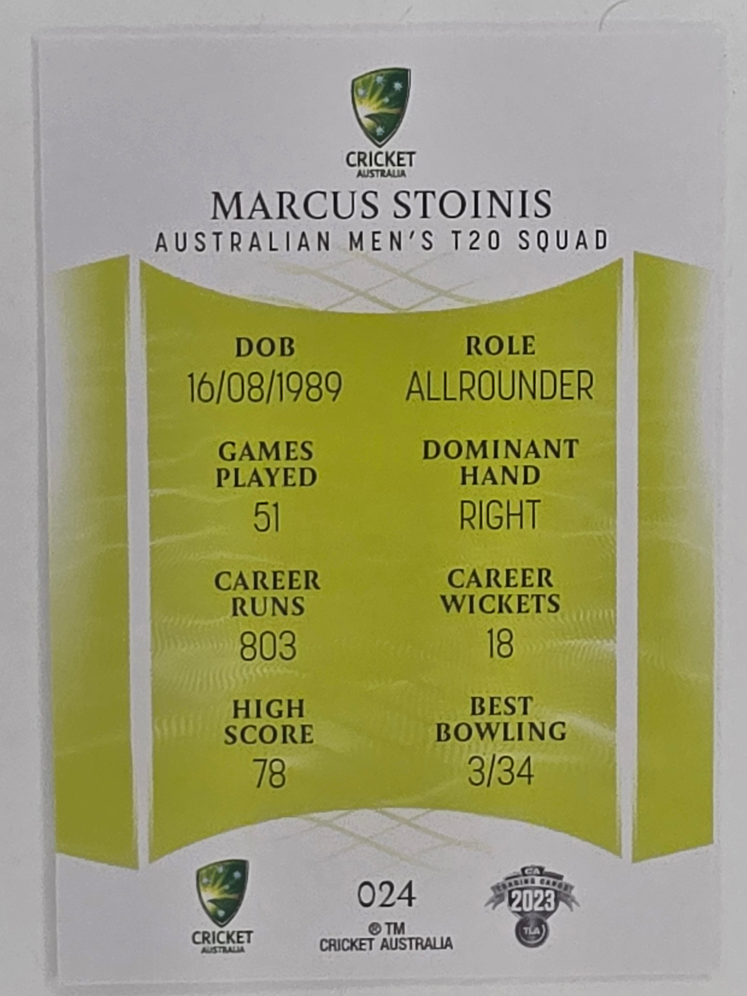 2023/24 Cricket Traders Base Card #024 Marcus Stoinis Australian Men’s T20