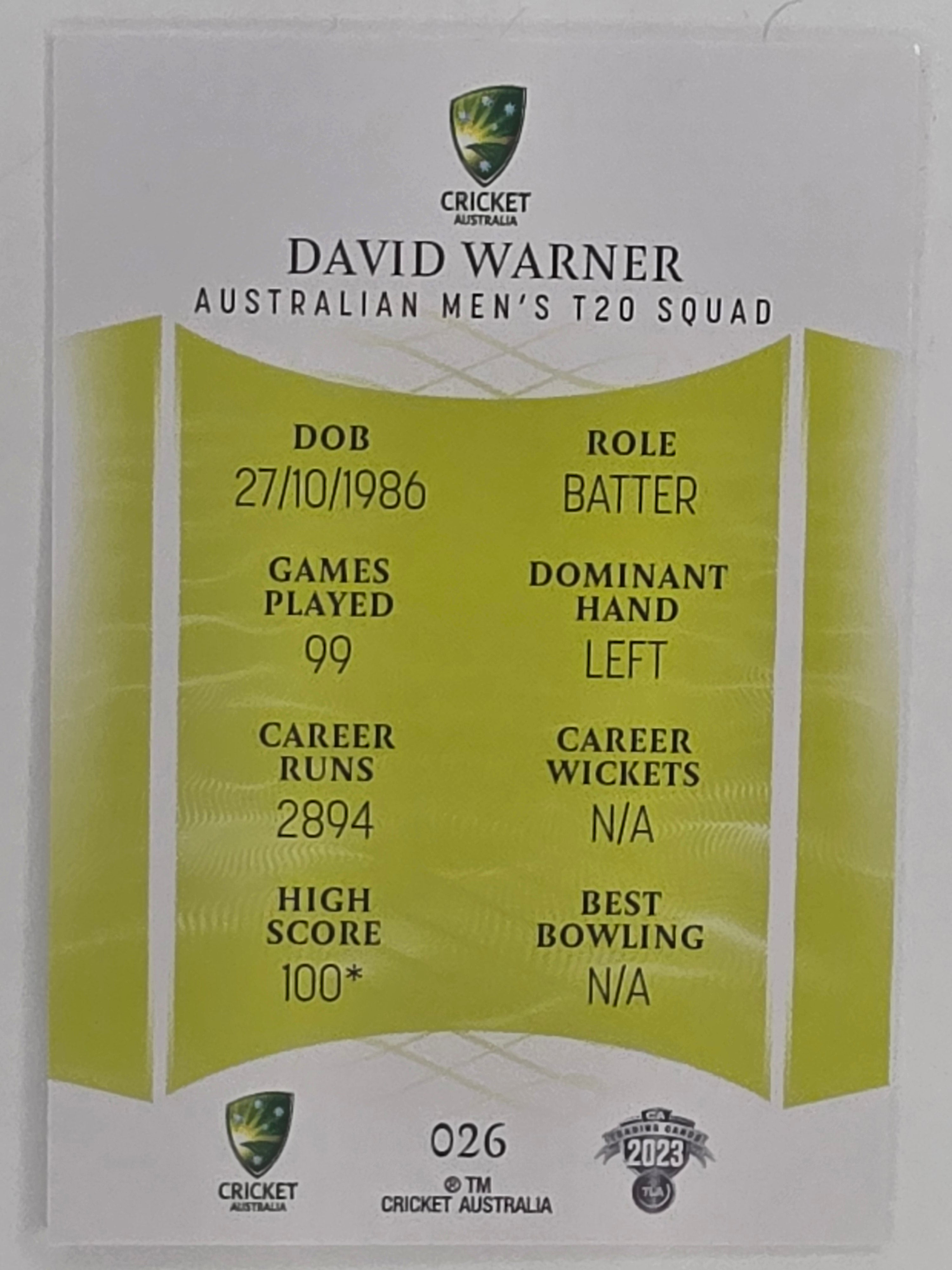 2023/24 Cricket Traders Base Card #026 David Warner Australian Men’s T20