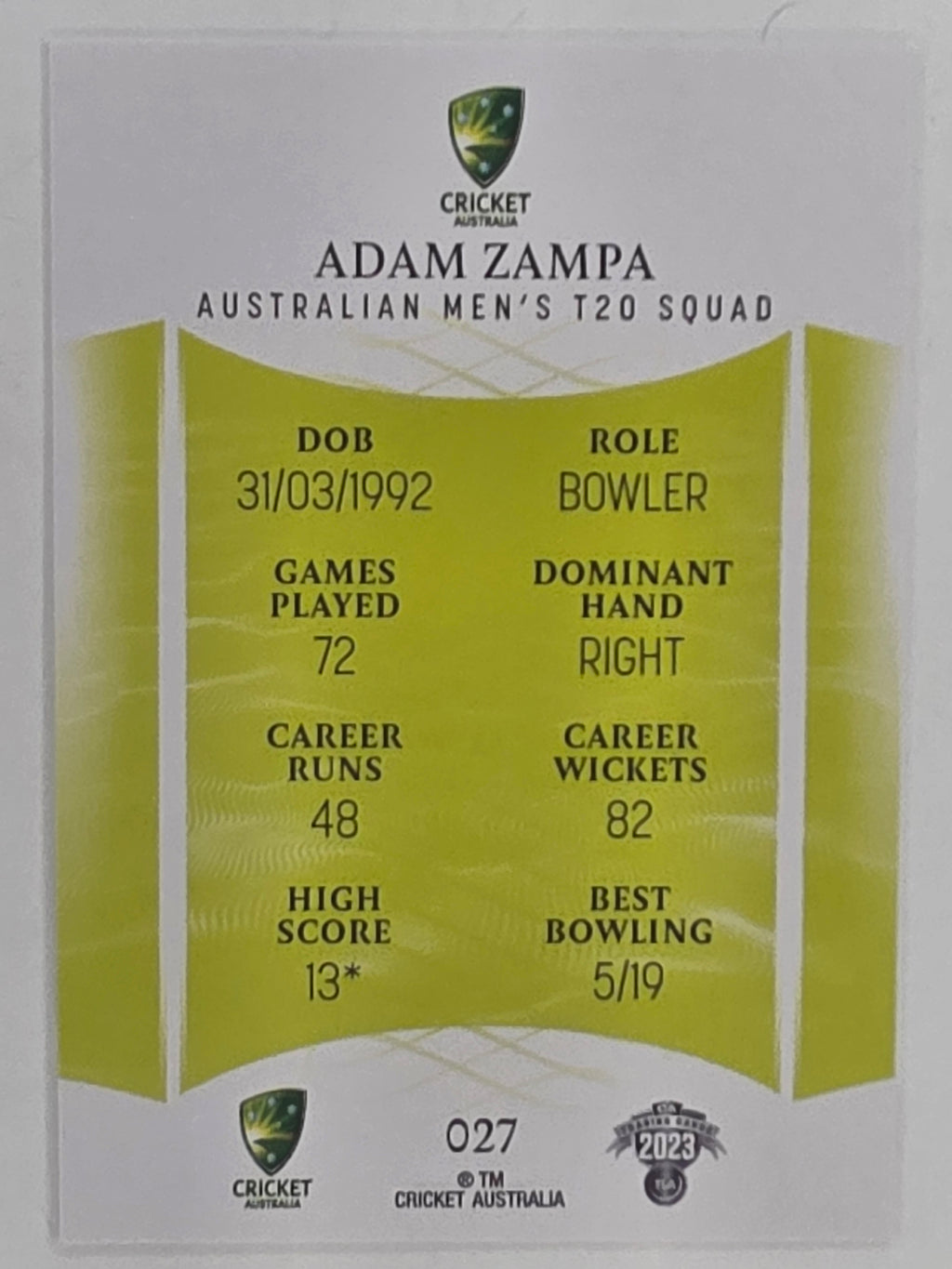 2023/24 Cricket Traders Base Card #027 Adam Zampa Australian Men’s T20