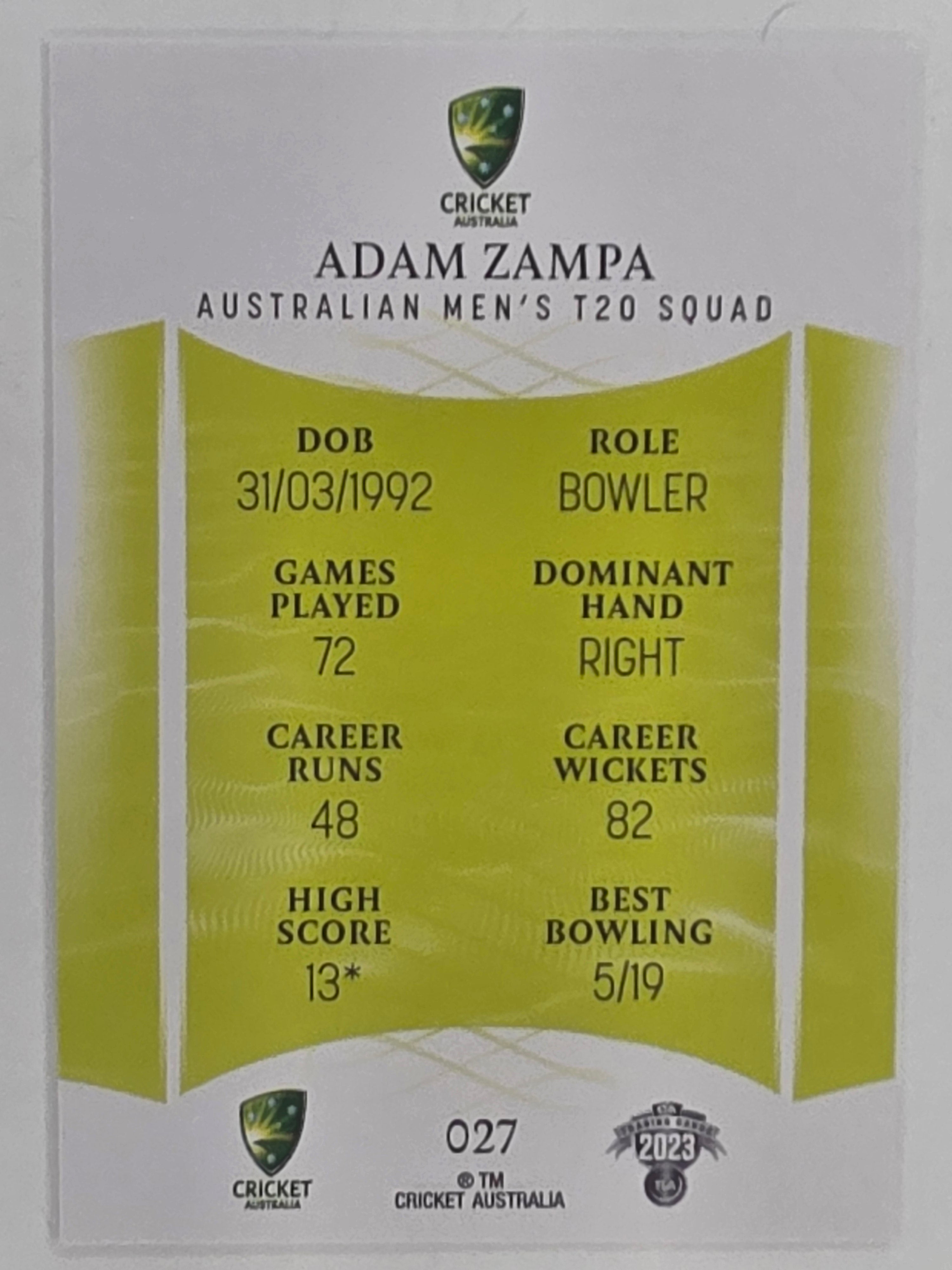 2023/24 Cricket Traders Base Card #027 Adam Zampa Australian Men’s T20
