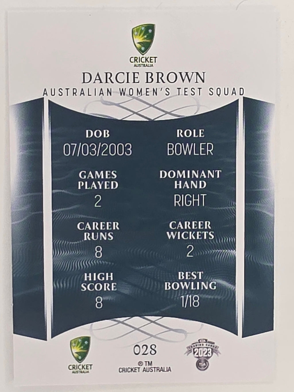 2023/24 Cricket Traders Base Card #028 Darcie Brown Australian Women’s Test WBBL