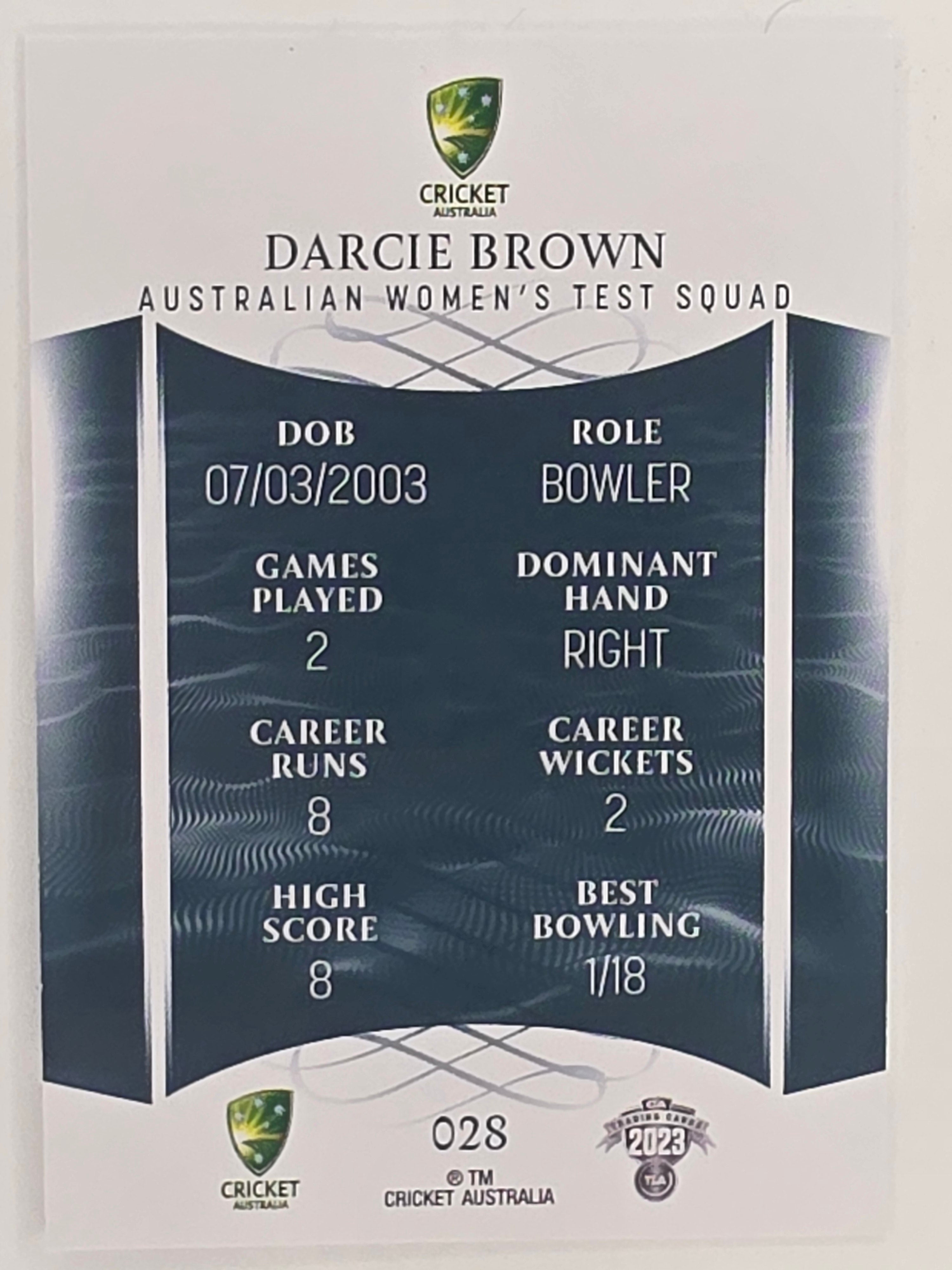 2023/24 Cricket Traders Base Card #028 Darcie Brown Australian Women’s Test WBBL
