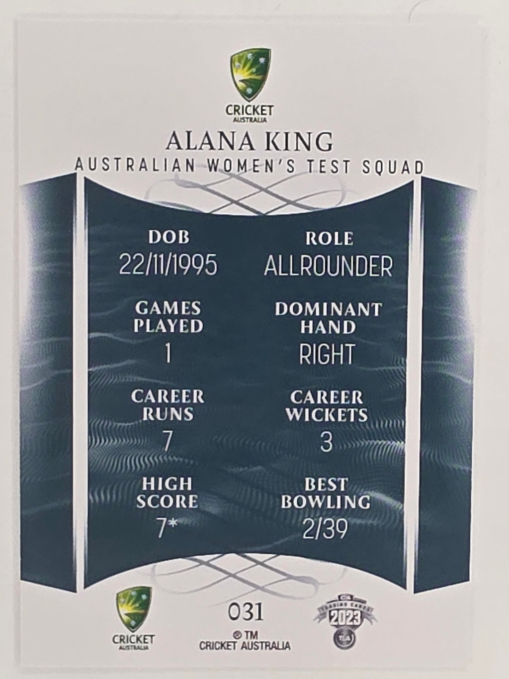 2023/24 Cricket Traders Base Card #031 Alana King Australian Women’s Test WBBL
