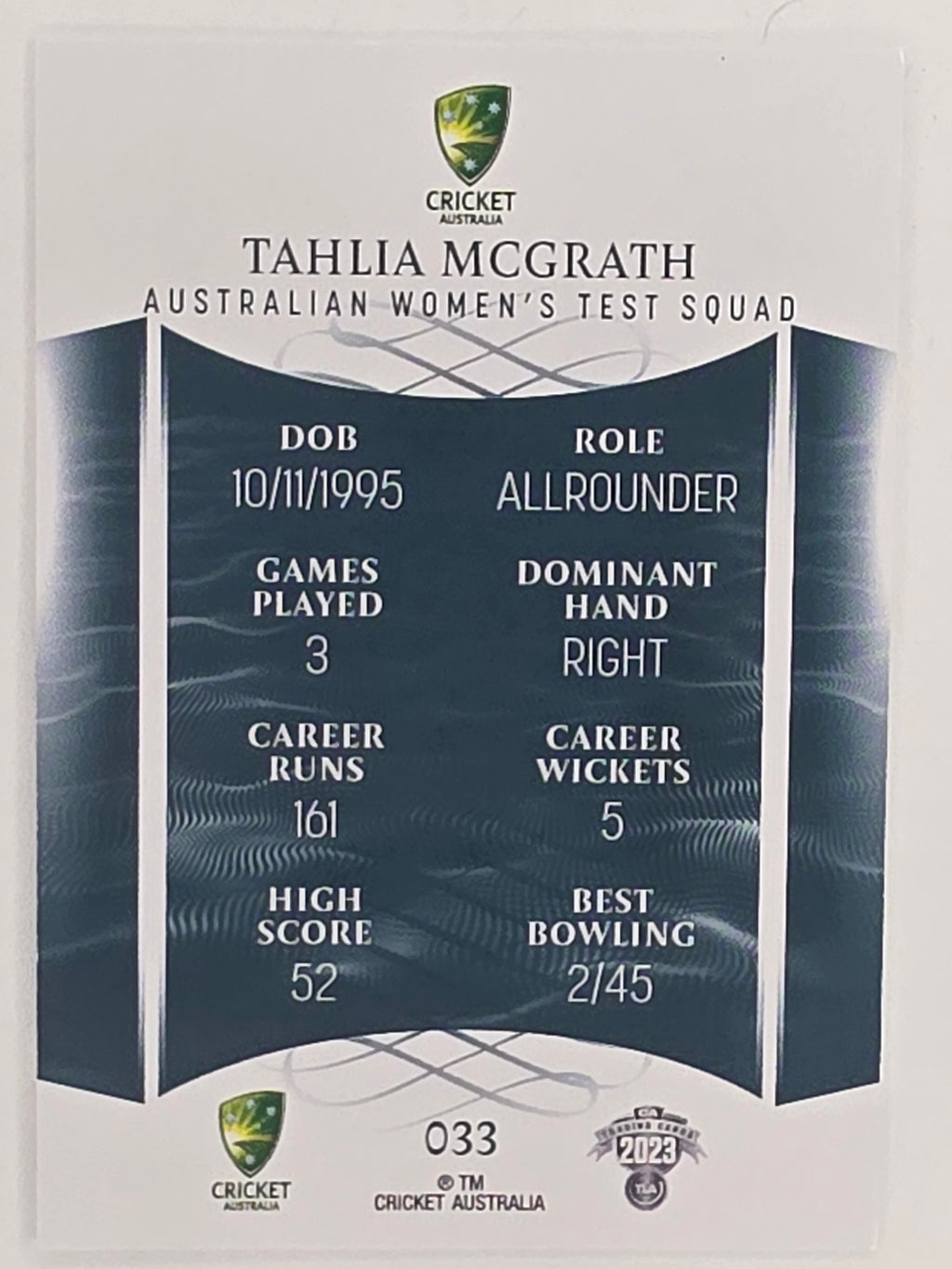 2023/24 Cricket Traders Base Card #033 Tahlia McGrath Australian Women’s Test WBBL