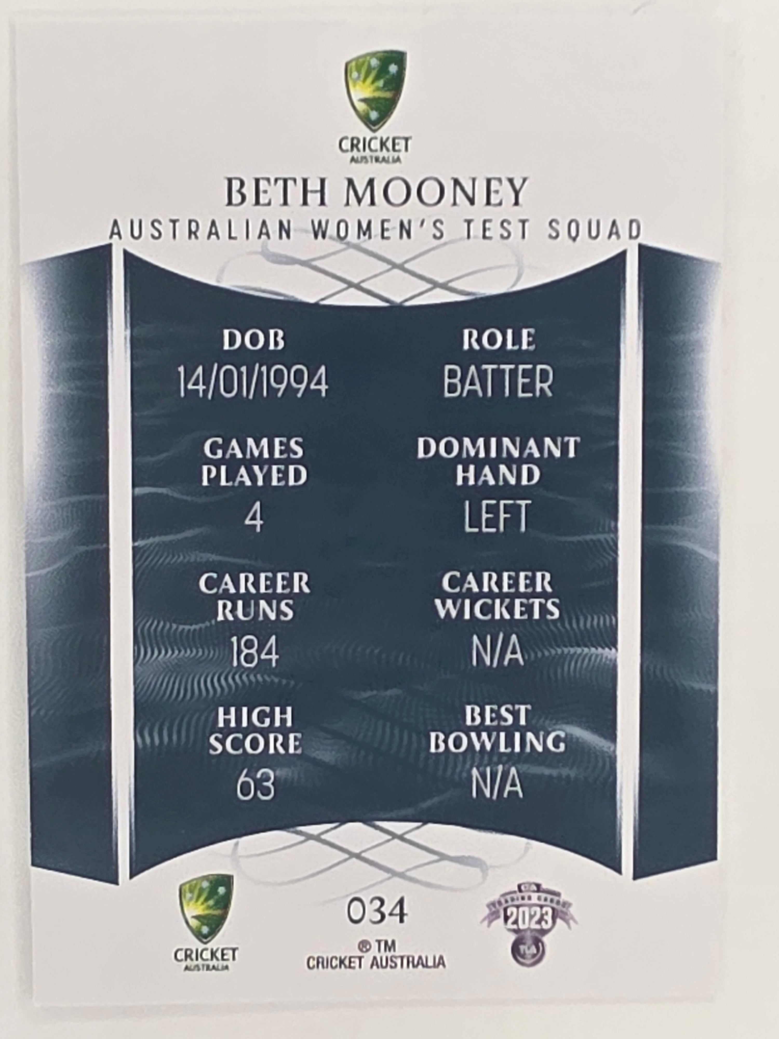 2023/24 Cricket Traders Base Card #034 Beth Mooney Australian Women’s Test WBBL