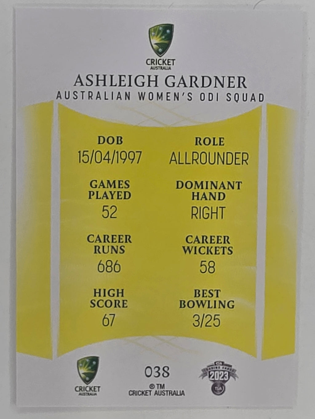 2023/24 Cricket Traders Base Card #038 Ashleigh Gardner Australian Women’s ODI WBBL