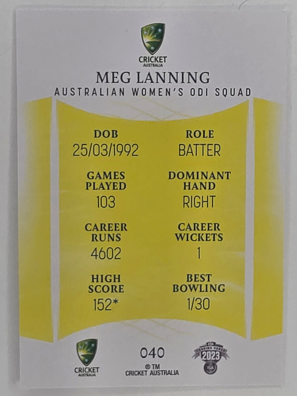 2023/24 Cricket Traders Base Card #040 Meg Lanning Australian Women’s ODI WBBL