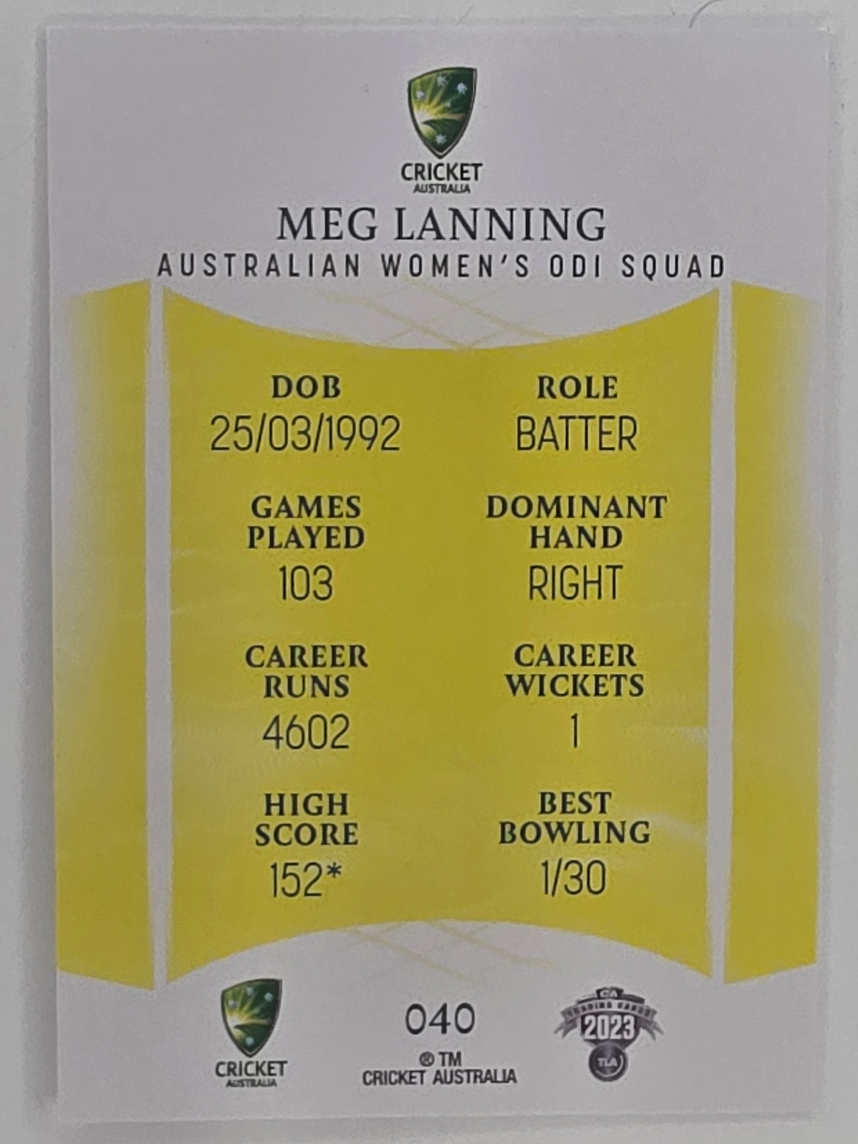 2023/24 Cricket Traders Base Card #040 Meg Lanning Australian Women’s ODI WBBL