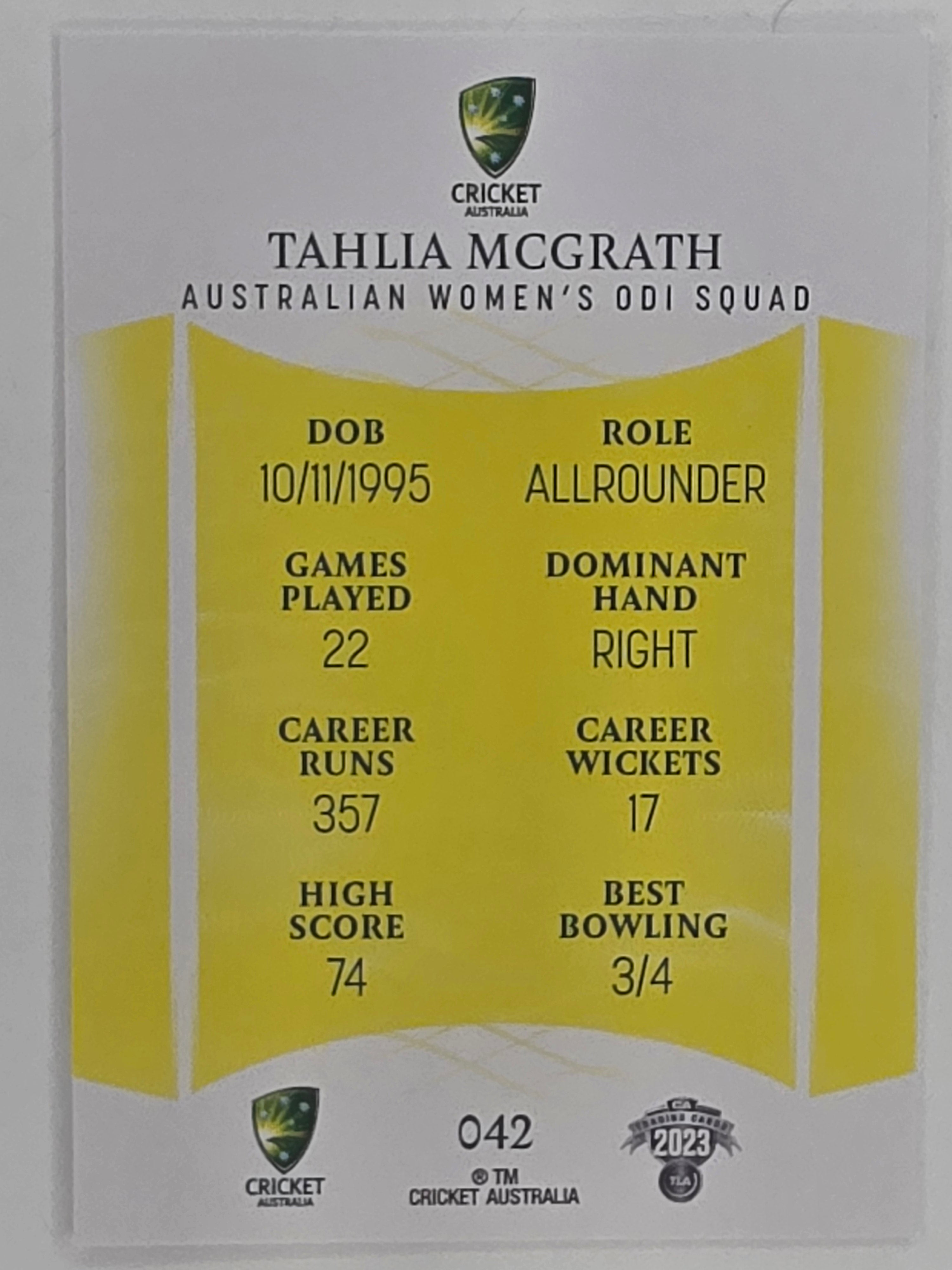 2023/24 Cricket Traders Base Card #042 Tahlia McGrath Australian Women’s ODI WBBL