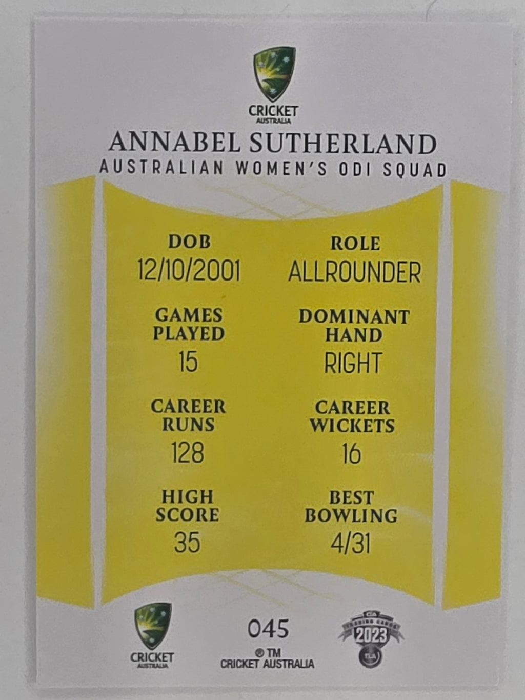 2023/24 Cricket Traders Base Card #045 Annabel Sutherland Australian Women’s ODI WBBL