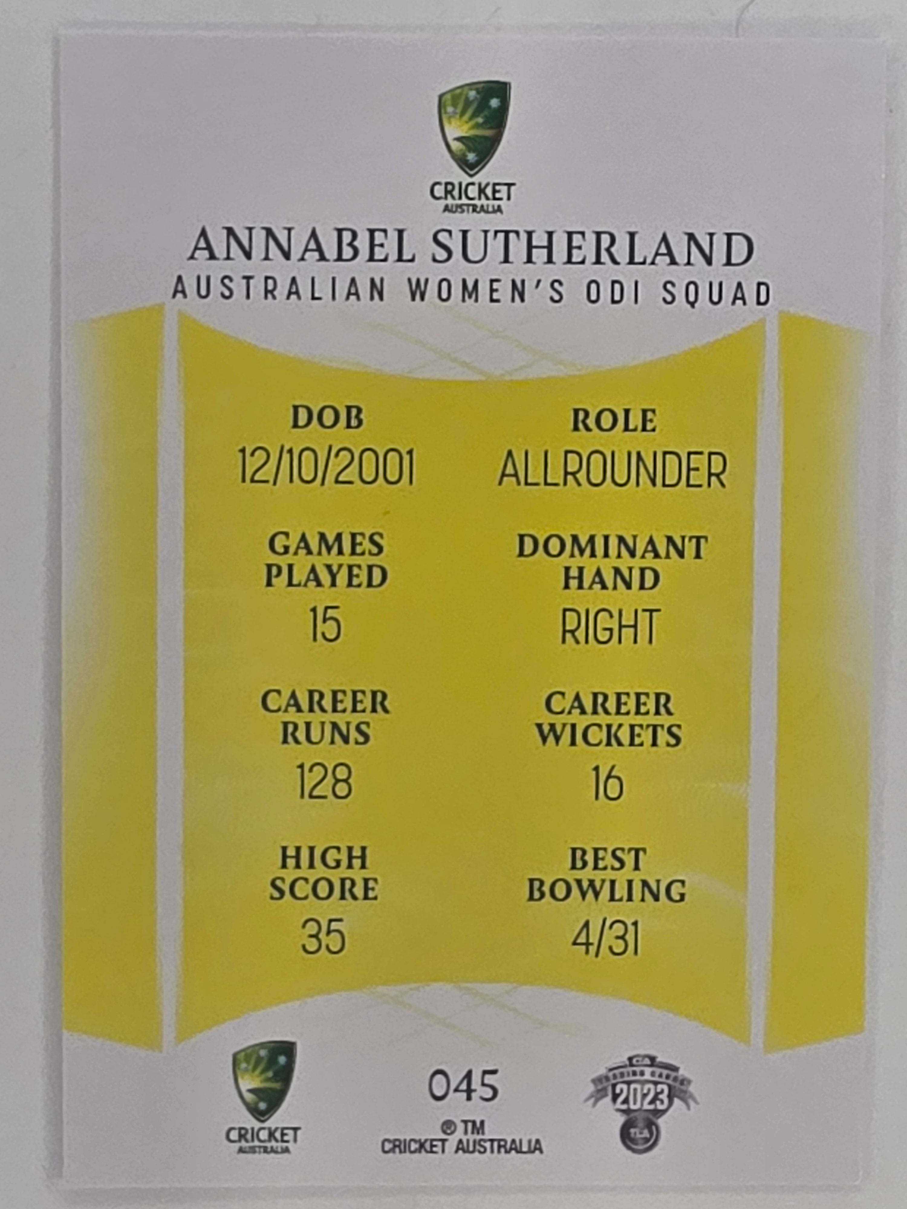 2023/24 Cricket Traders Base Card #045 Annabel Sutherland Australian Women’s ODI WBBL