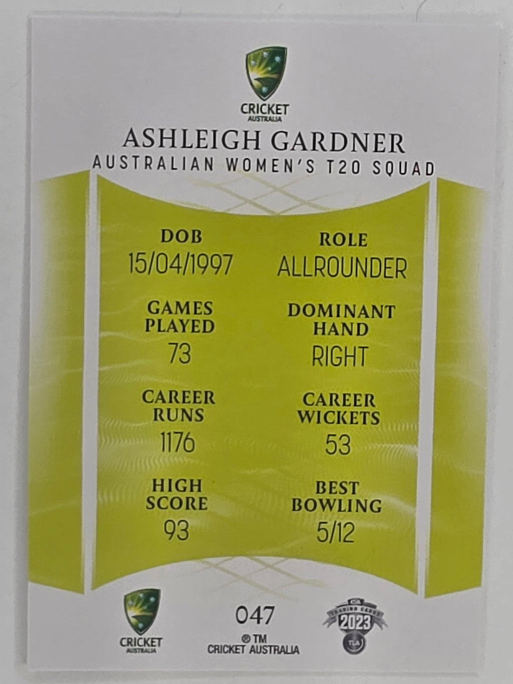 2023/24 Cricket Traders Base Card #047 Ashleigh Gardner Australian Women’s T20 WBBL