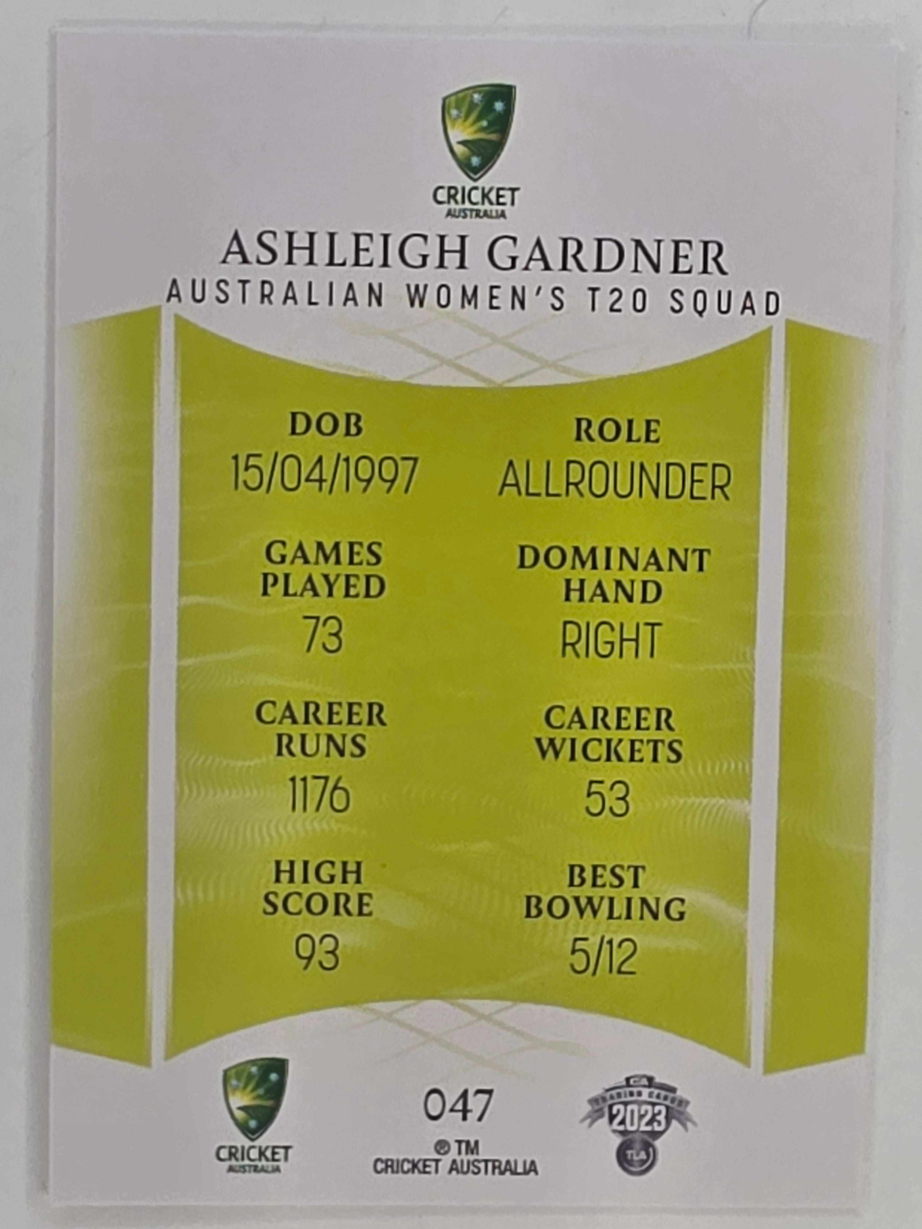 2023/24 Cricket Traders Base Card #047 Ashleigh Gardner Australian Women’s T20 WBBL