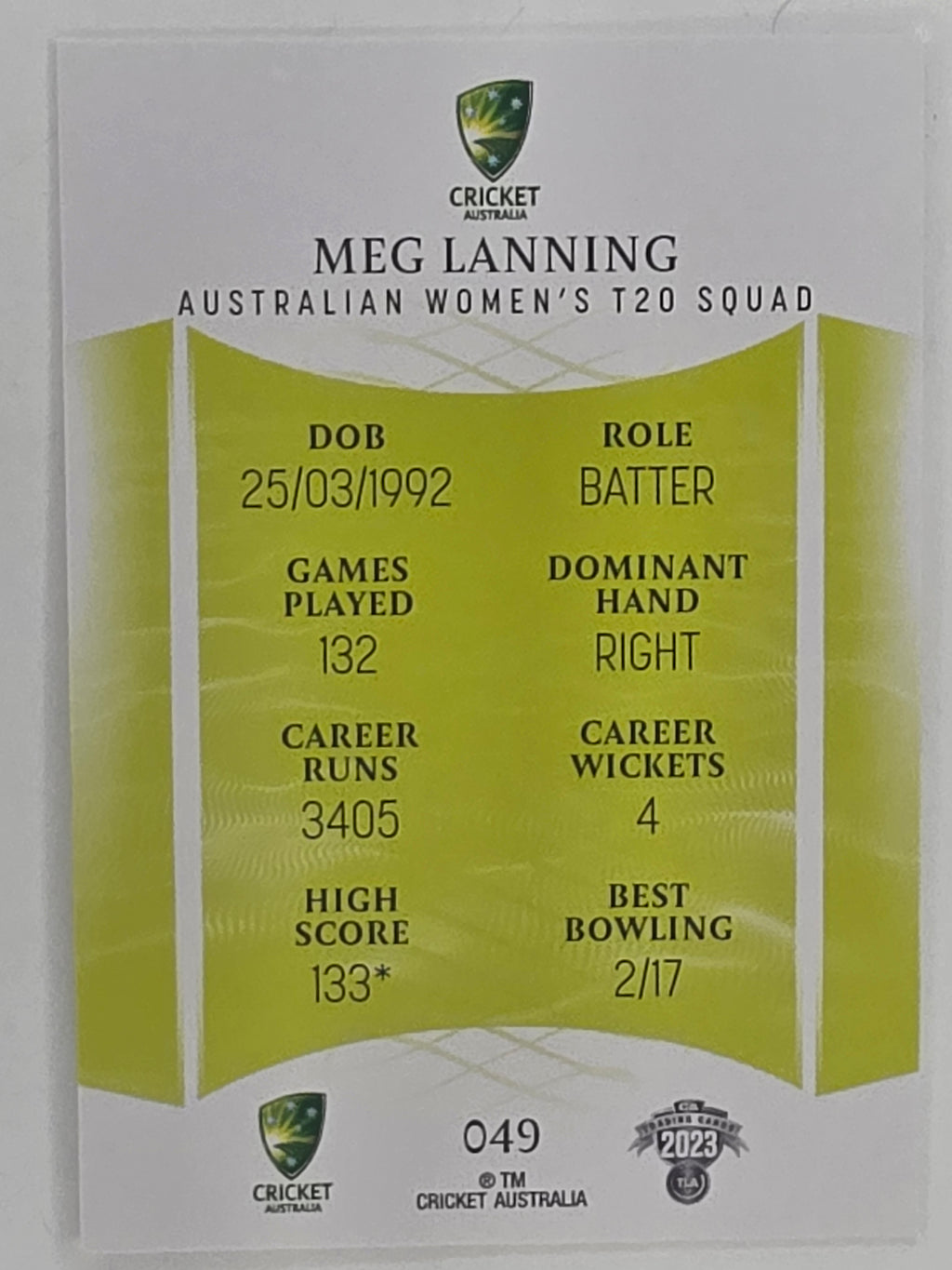 2023/24 Cricket Traders Base Card #049 Meg Lanning Australian Women’s T20 WBBL