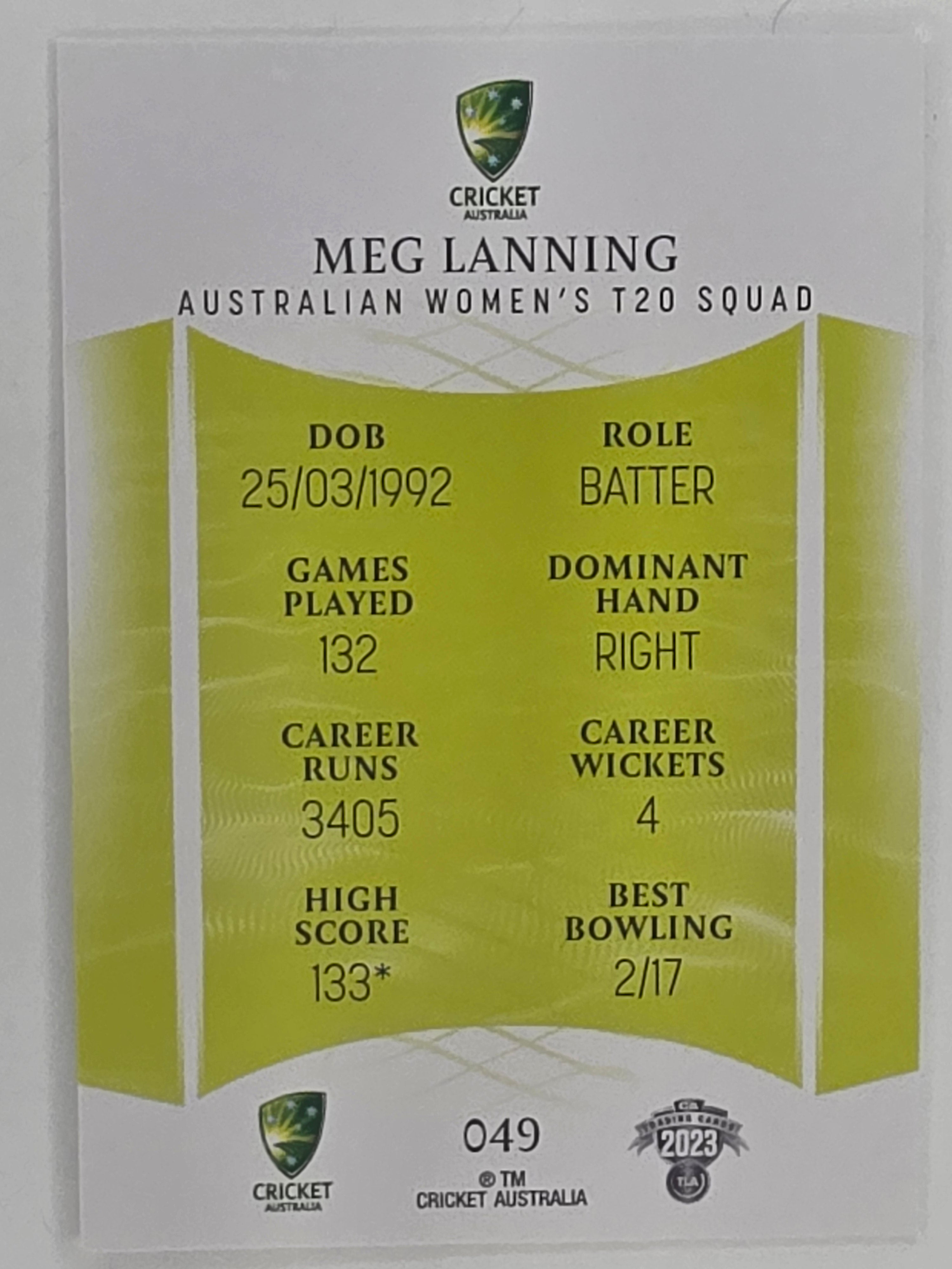 2023/24 Cricket Traders Base Card #049 Meg Lanning Australian Women’s T20 WBBL