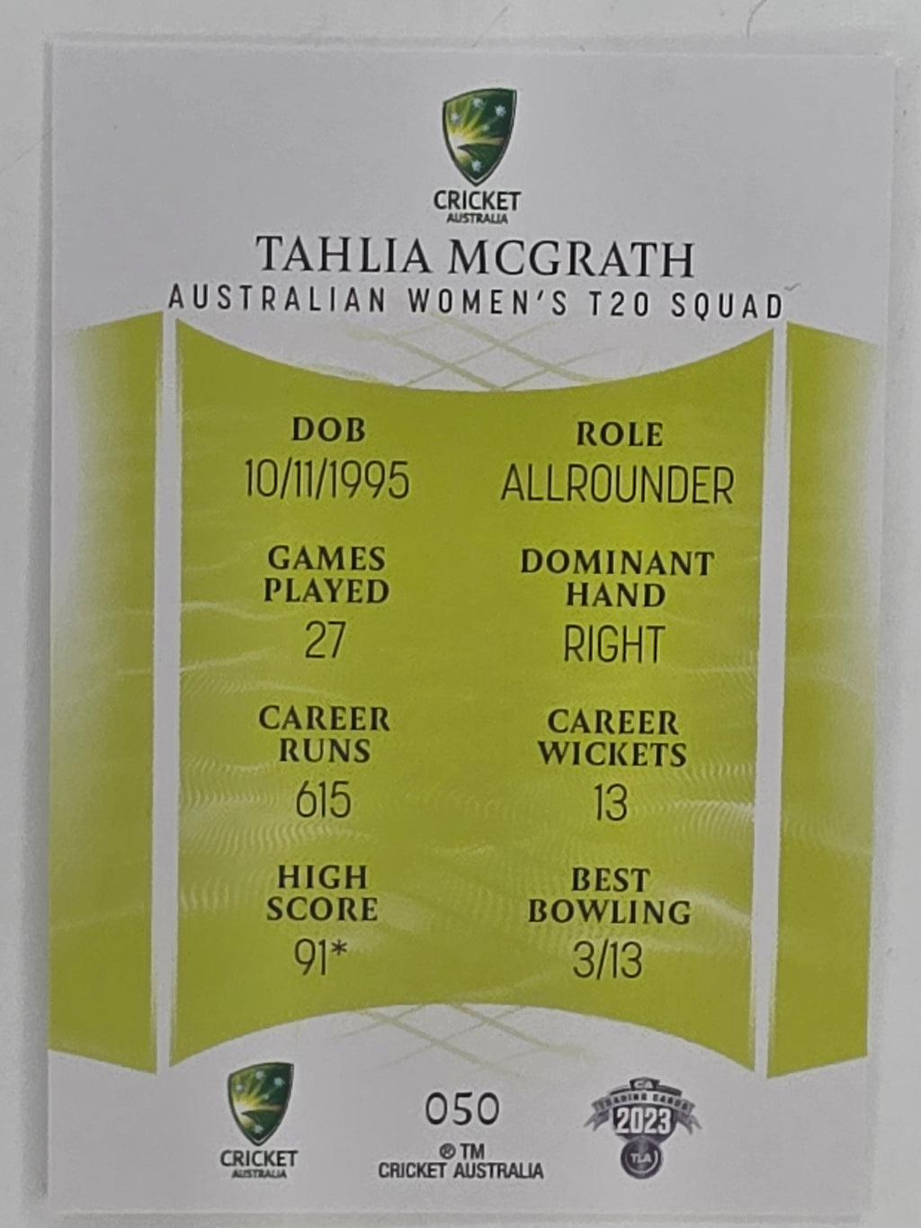 2023/24 Cricket Traders Base Card #050 Tahlia McGrath Australian Women’s T20 WBBL