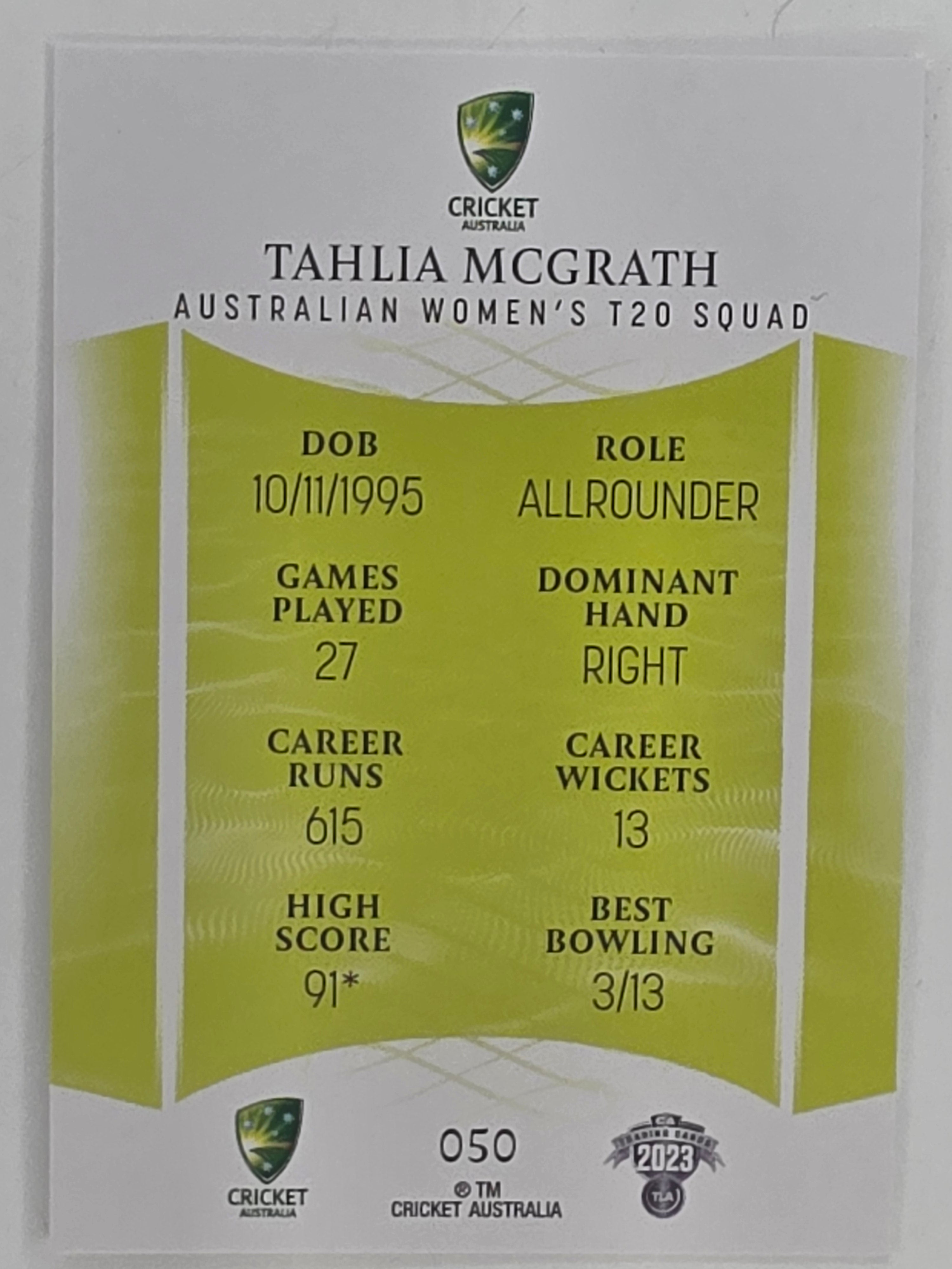 2023/24 Cricket Traders Base Card #050 Tahlia McGrath Australian Women’s T20 WBBL