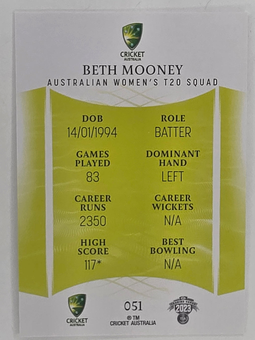 2023/24 Cricket Traders Base Card #051 Beth Mooney Australian Women’s T20 WBBL